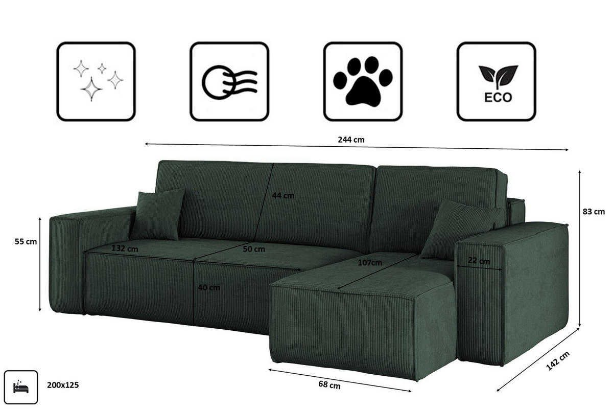 ECKSOFA Mit Schlaffunktion Und Bettkasten BEST Stoff Poso Dicker Cord Grün Rechts - Grün, Holz/Textil (244/142cm) - Kaiser Möbel