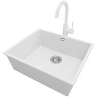 GRANITSPÜLE London Slim, 2-er set Weiß 56/47 cm 1 Becken + Küchenarmatur 32/20 cm + Ablauf-Set ab 60er Unterschrank - Chromfarben/Weiß, Kunststoff (56/20/47cm) - Primagran