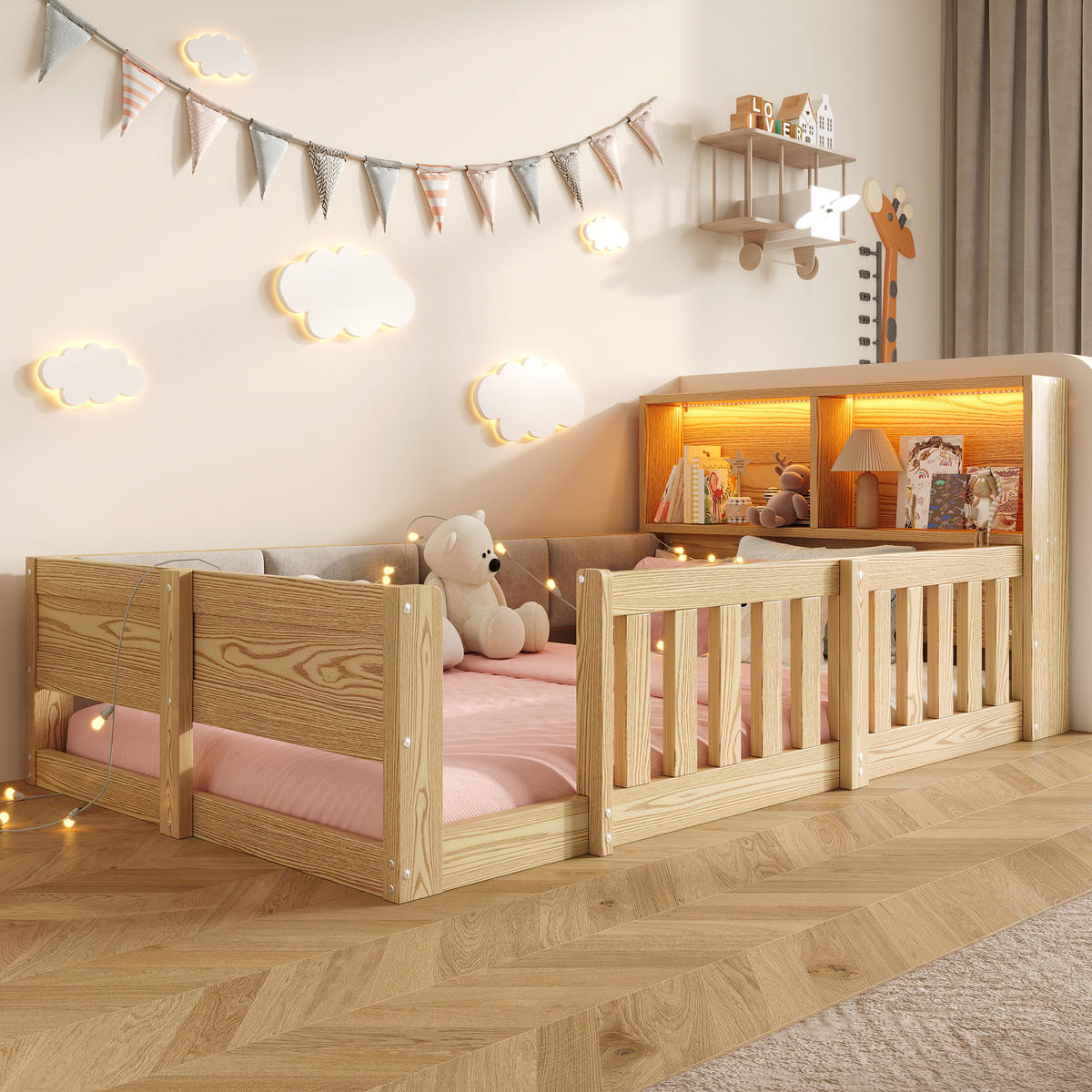 FLACHBETT 90x200cm Gitter Kinderbett LED Natur - Naturfarben, Holzwerkstoff (90/200cm) - FLIEKS