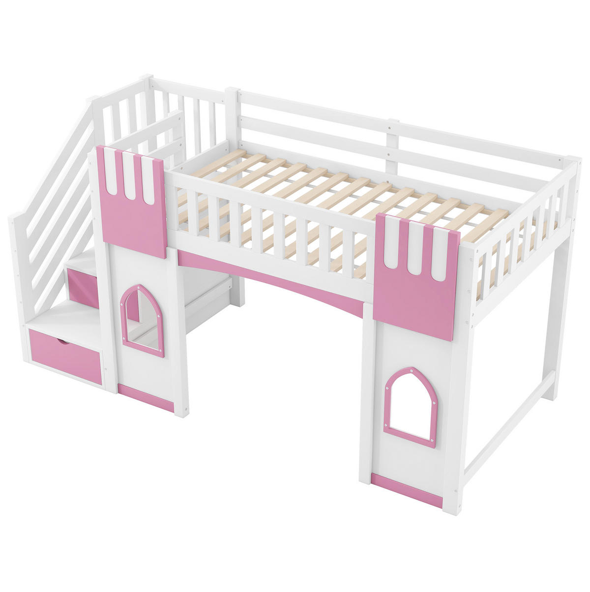PATROVÁ postel 90/200 cm bílá/růžová z MDF a borovice se schody - bílá, kompozitní dřevo (90/200cm) - OKWISH