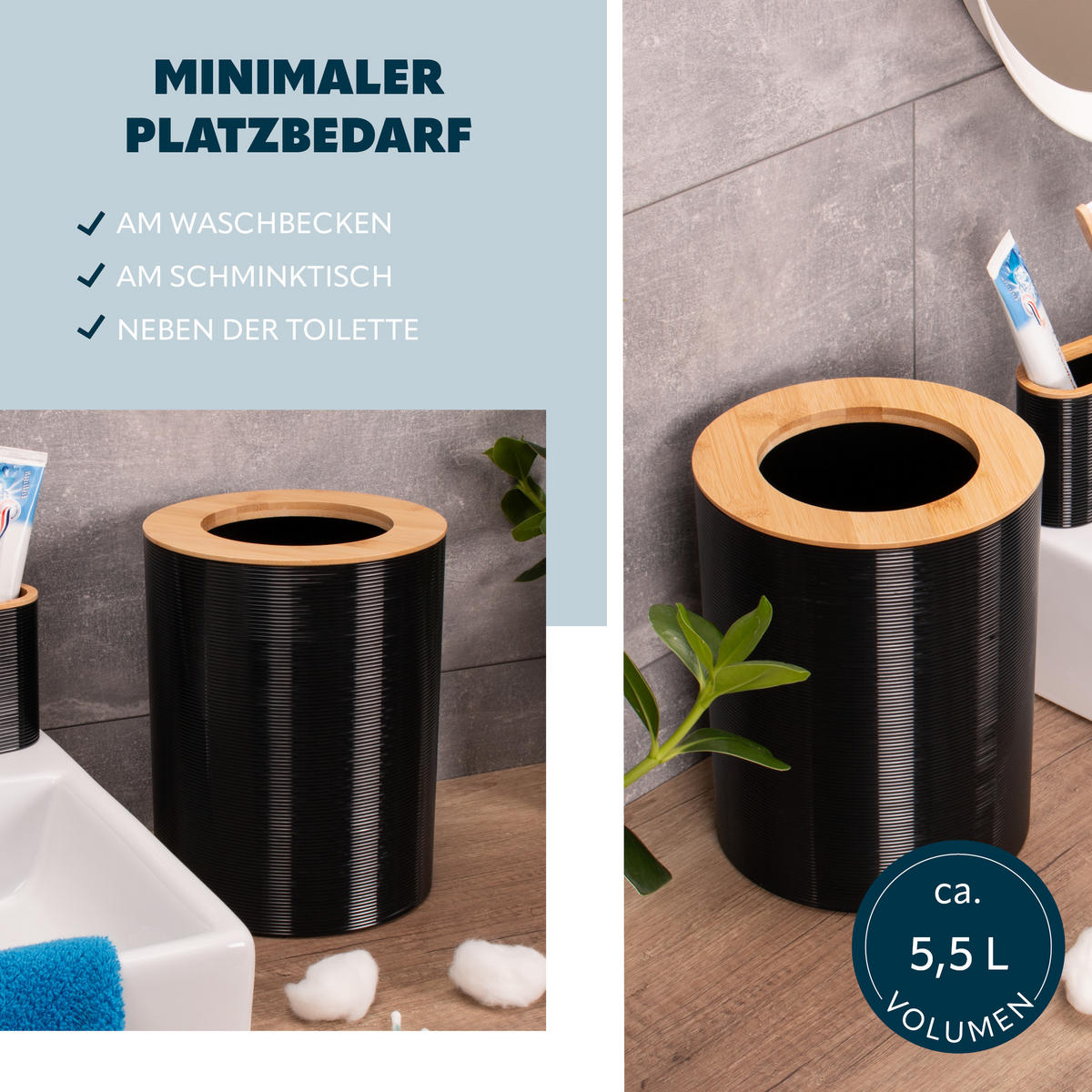 KOSMETIKEIMER SEGNO 5,5 Liter, schwarz - Schwarz, Kunststoff (19/24.5/19cm) - bremermann