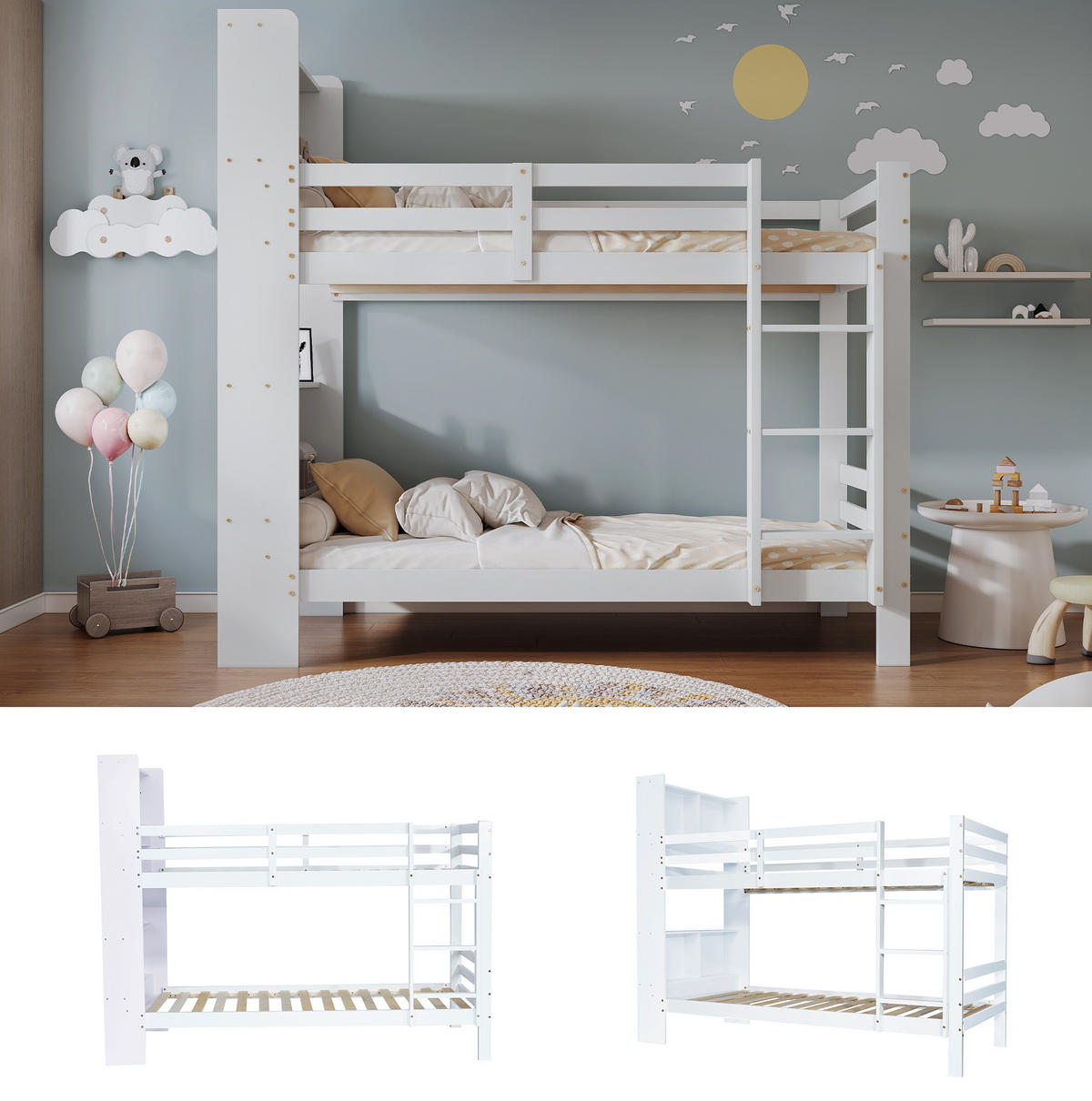 ETAGENBETT 90/200 cm in Weiß mit Regalen und rechtwinkliger Leiter - Weiß, Holzwerkstoff (90/200cm) - BEAOK