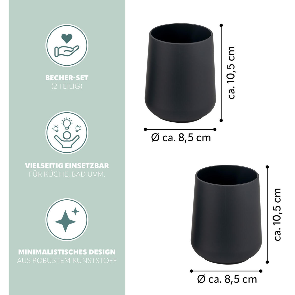 BECHER-SET TESERO 2tlg., Soft-Touch, schwarz - Schwarz, Kunststoff (8.5/10.5/8.5cm) - eluno