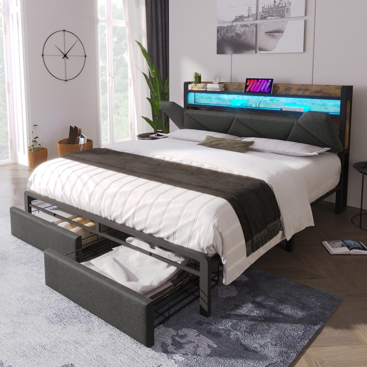 POLSTERBETT 160/200 cm mit LED, USB- und Typ-C-Anschluss, Stauraum-Kopfteil und 2 Schubladen, Grau - Grau, Textil (160/200cm) - Redom