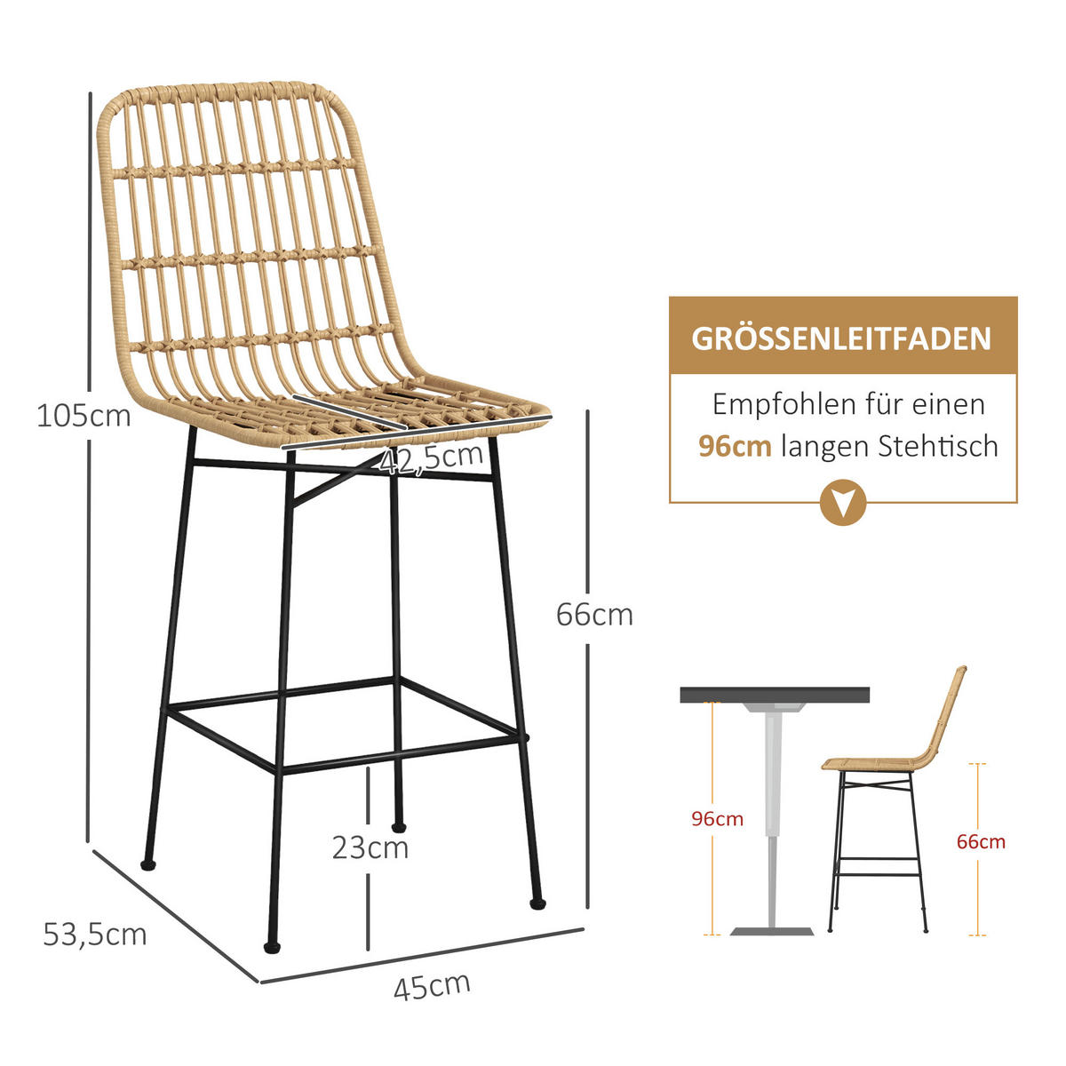 BARHOCKER, PE, Stahl, Gelb - Gelb, Kunststoff (53.5/105/45cm) - HOMCOM
