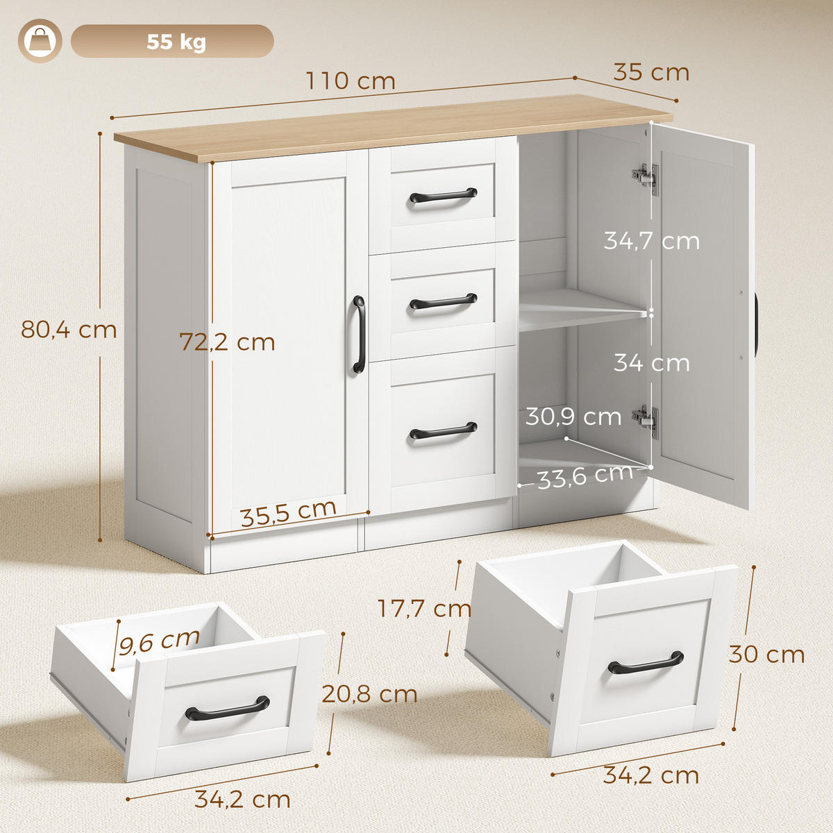 SIDEBOARD Weiß und Naturfarben, 2 Türen, 3 Schubladen, 110/35/80,4 cm - Weiß, Holz (110/80.4/35cm) - PANGIVO