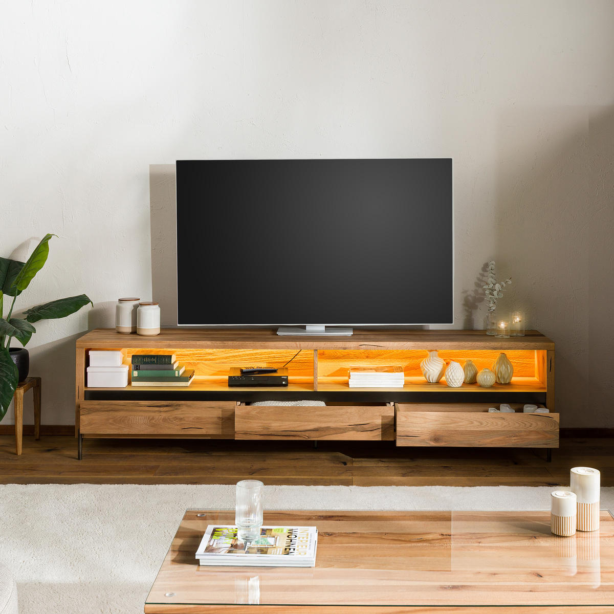 TV-BOARD Wild-/Zerreiche 242x47x60 natur geölt MONTREUX LUX #112 - Naturfarben, Holz (242/60/47cm) - Massivmoebel24
