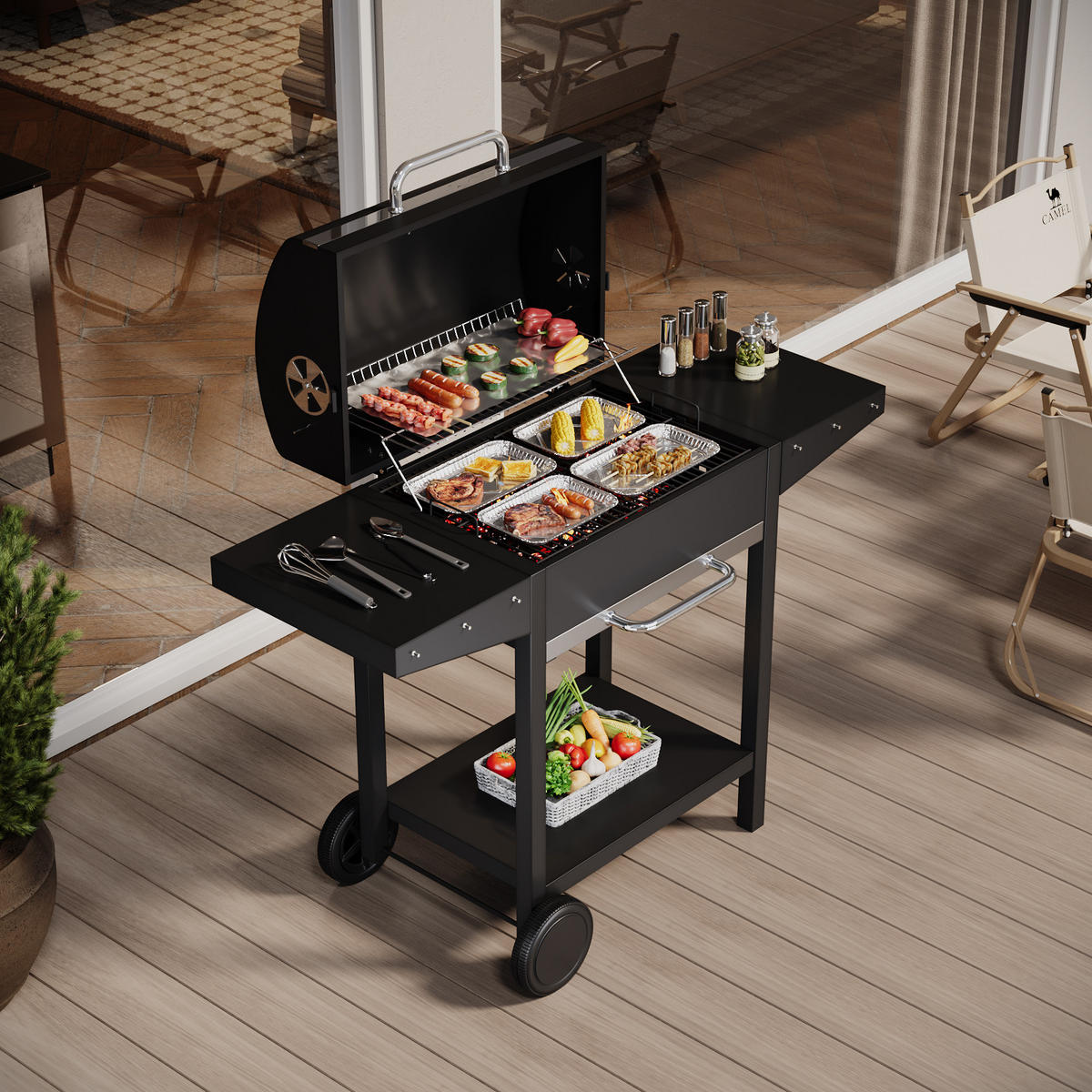 HOLZKOHLEGRILL aus Karbonstahl in Schwarz Tragbarer für den Außenbereich mit Seitenablagen 119 cm B × 50 cm T × 101 cm H - Schwarz, Metall (119/50cm) - Livingandhome