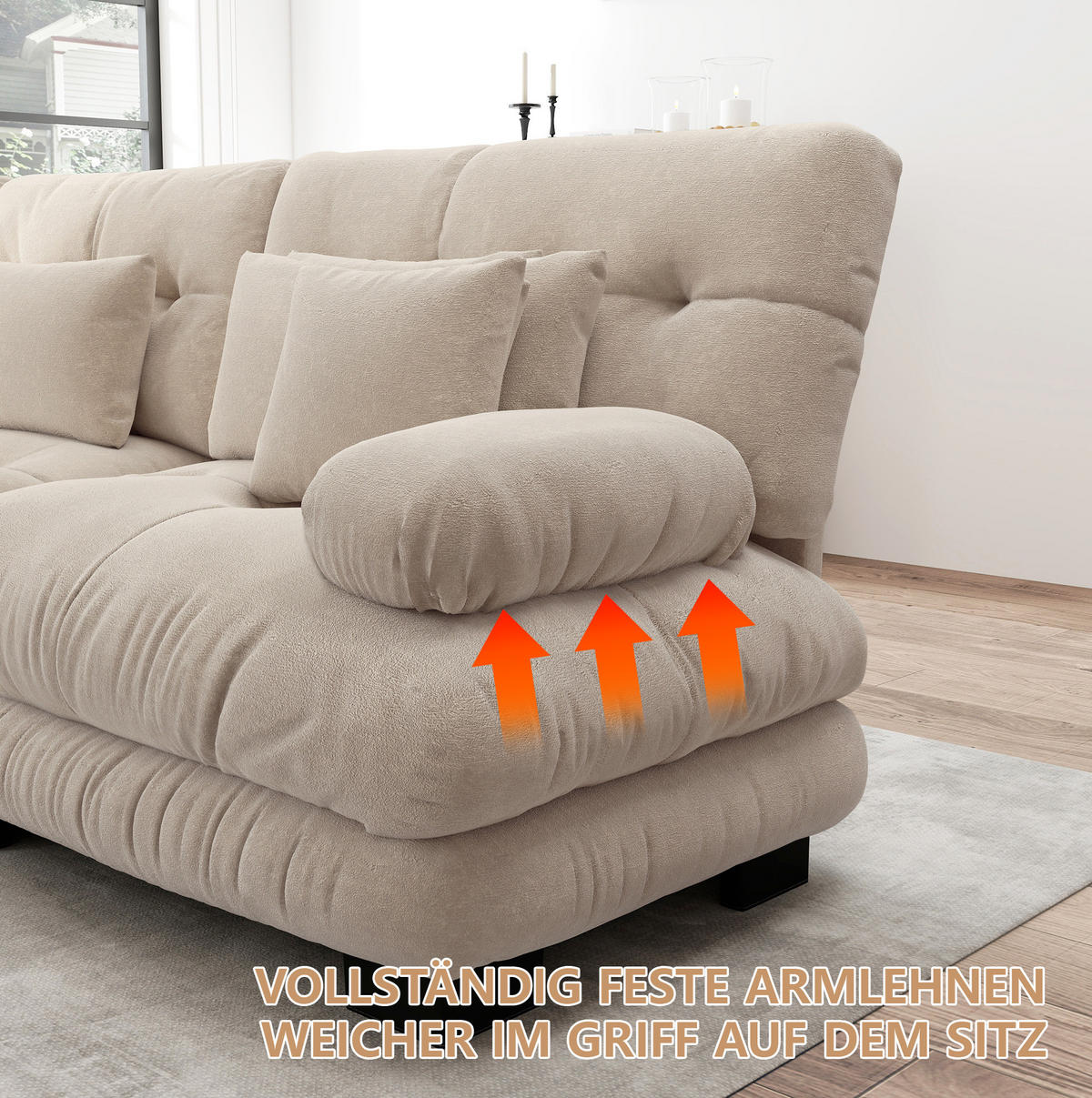 ECKSOFA in Hellkaffee mit Chenillebezug, modular und mit Ottomane - Cappuccino, Textil (145/220cm) - Flora Grace