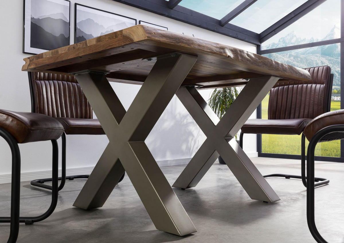 BAUMTISCH Sheesham 140x90x77 natur sandgestrahlt / X-Beine silber matt FREEFORM 5 - Silberfarben/Naturfarben, Holz (140/90/77cm) - Massivmoebel24