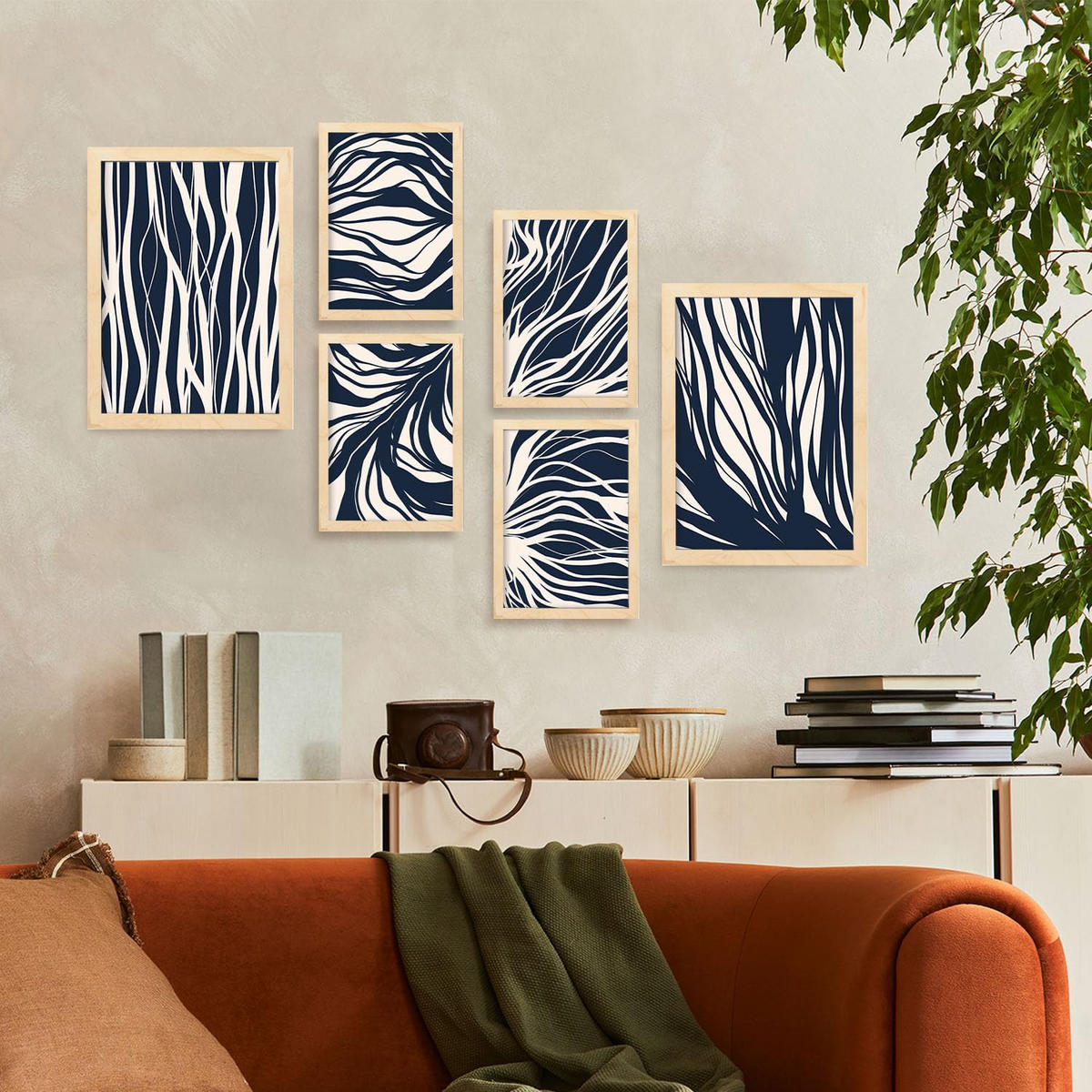 POSTER Set Mit 6 Zweigmuster In Abstrakter Form Ästhetische Dekodrucke Für Ihr Wohnzimmer, Schlafzimmer Oder Zuhause A3 & A4 Rahmen Aus Hellem Holz - Beige, Papier (29/3cm) - Nacnic