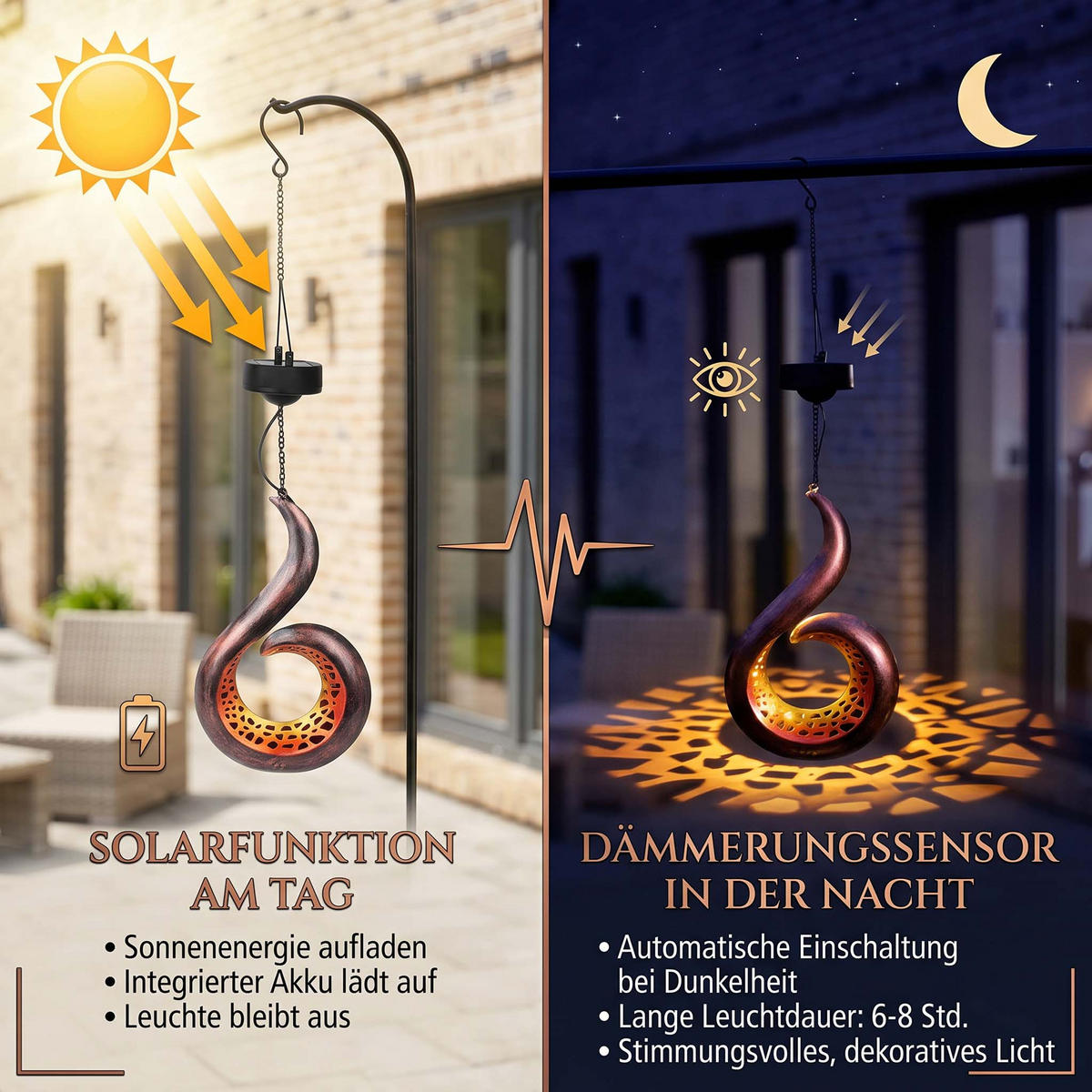 SOLAR-LED-GARTENLEUCHTE Dämmerungssensor Rostoptik Metall 17x7x60 cm Flamme hängend - Rostfarben, Metall (17/7/60cm) - Northpoint