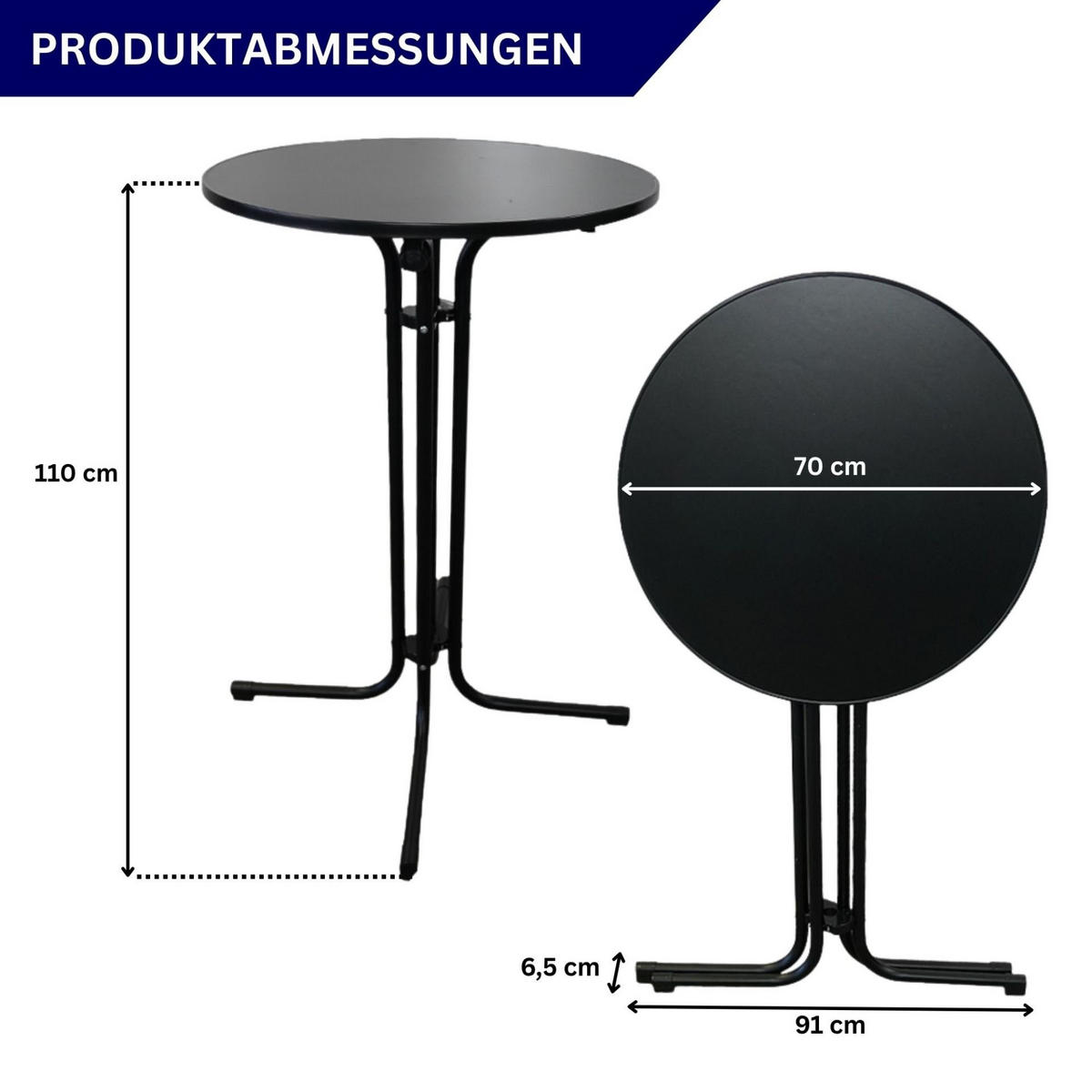 STEHTISCH mit Hussen klappbar HxØ 110x70cm MDF-Platte mit Edelstahlbeschichtung Schwarz - Schwarz, Metall (110/70/110cm) - CHEFGASTRO