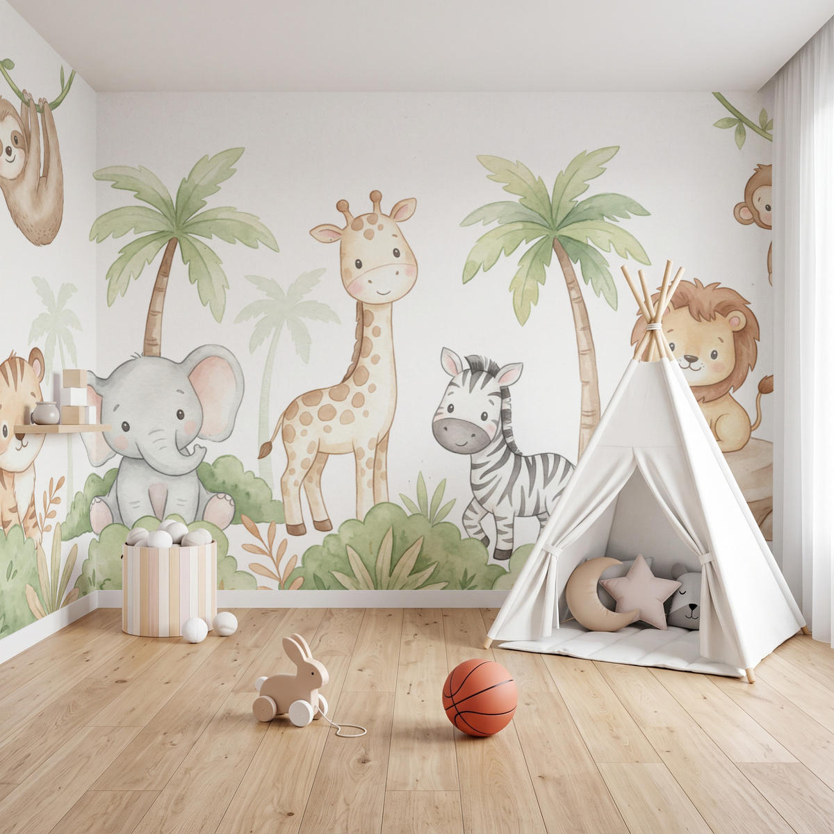 KINDERTAPETE - Tiere - Dschungel - Pastell - 400x220 cm - Weiß, Papier (400/220cm) - OnlyWow