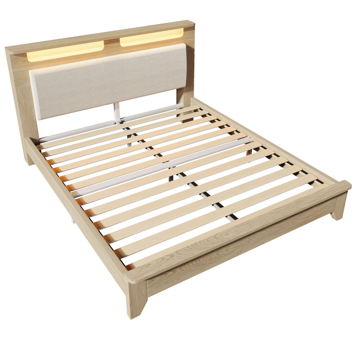 DOPPELBETT 160/200 cm Beige Cordpolster mit Stauraum und LED-Beleuchtung aus Eiche - Beige, Textil (160/200cm) - OKWISH