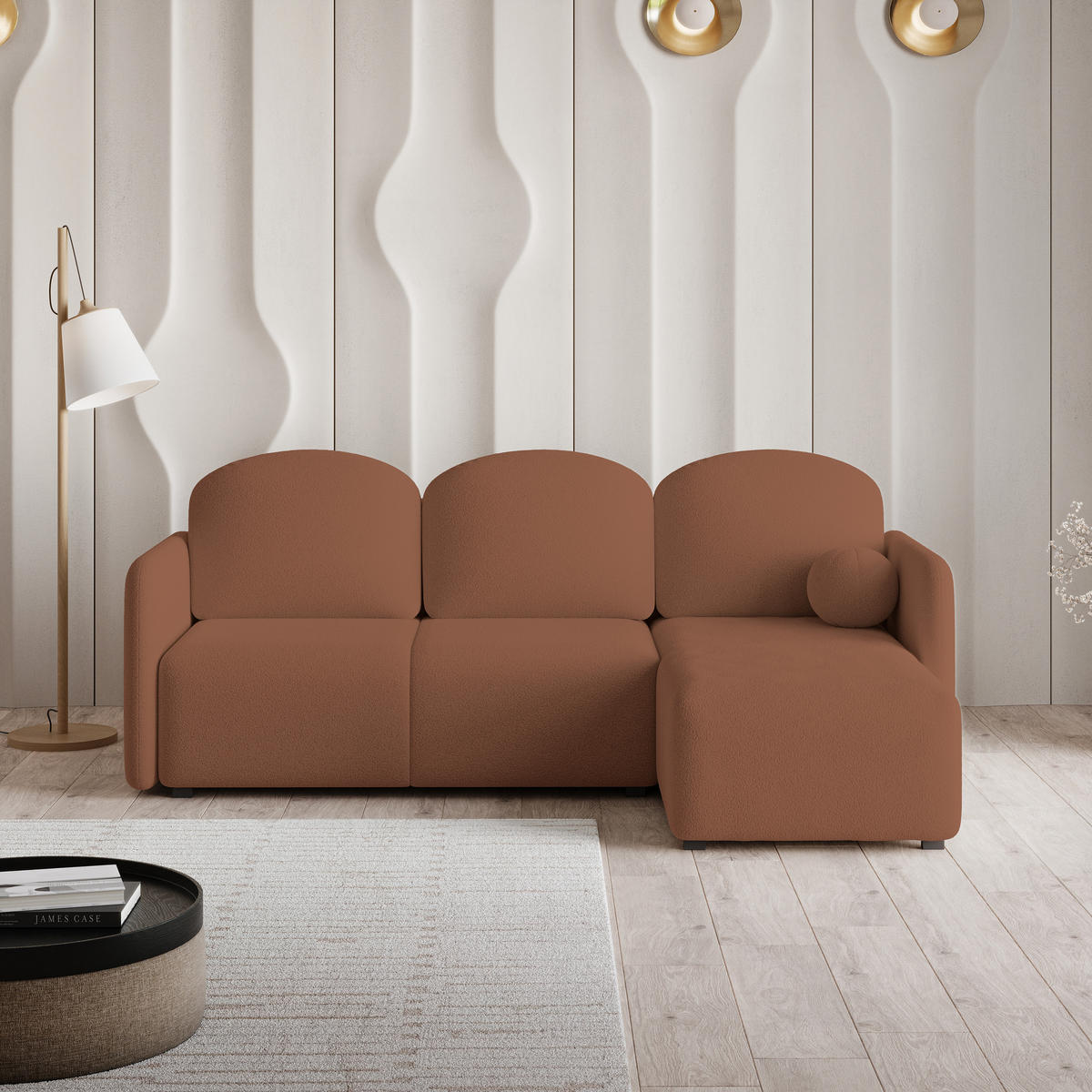 ROHOVÁ SEDAČKA SUVINO měděná - šedá/měděná, dřevo/textil (220/143cm) - MASSENO