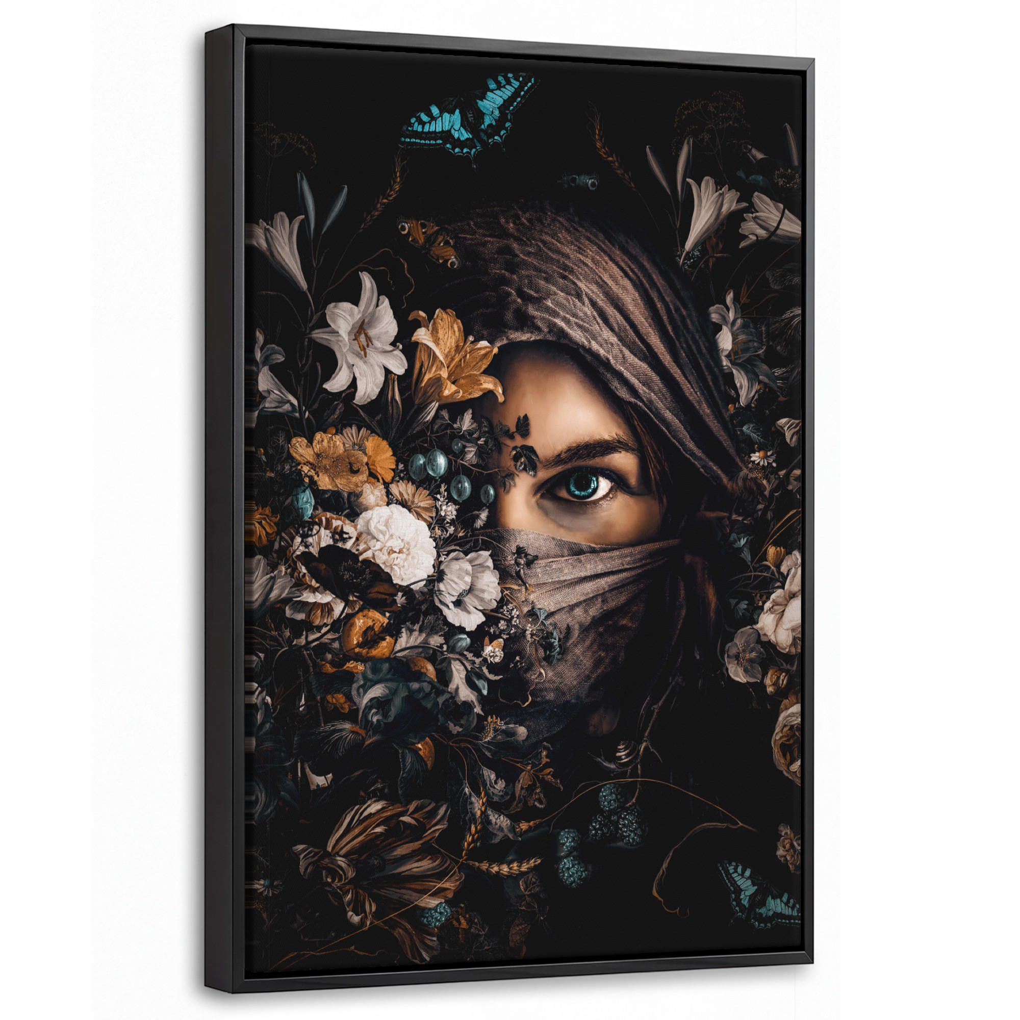 LEINWAND Bilder mit Rahmen - Frau - Luxus - Blumen - Schmetterling - Porträt - 40x60 - Schwarz, Textil (40/60cm) - MuchoWow