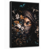 LEINWAND Bilder mit Rahmen - Frau - Luxus - Blumen - Schmetterling - Porträt - 40x60 - Schwarz, Textil (40/60cm) - MuchoWow