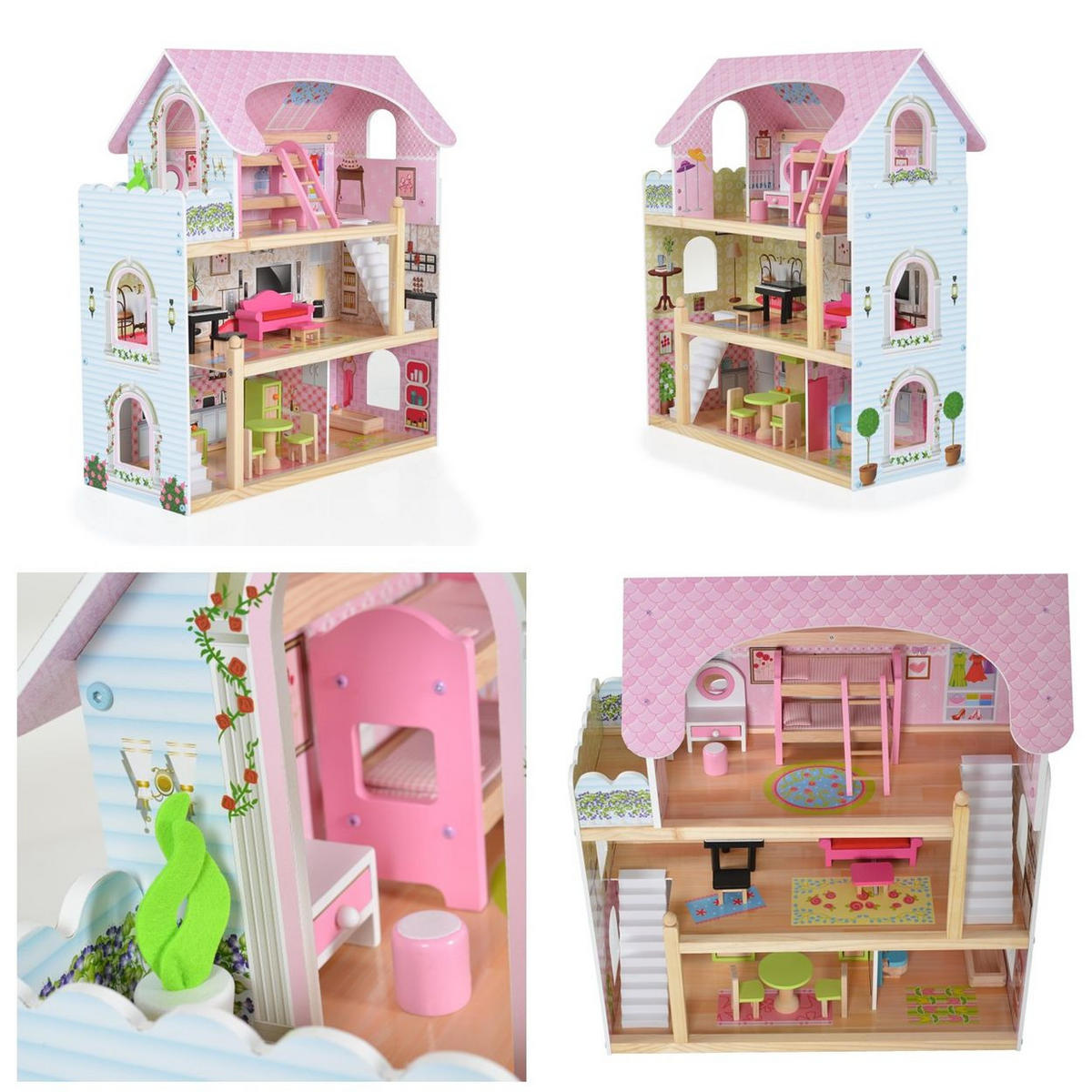 PUPPENHAUS Mila 4110 bunt Holz, 16-teiliges Möbelset, 3 Etagen, verschiedene Räume, Rollenspiel - Multicolor, Holz (62/70/31cm) - Moni