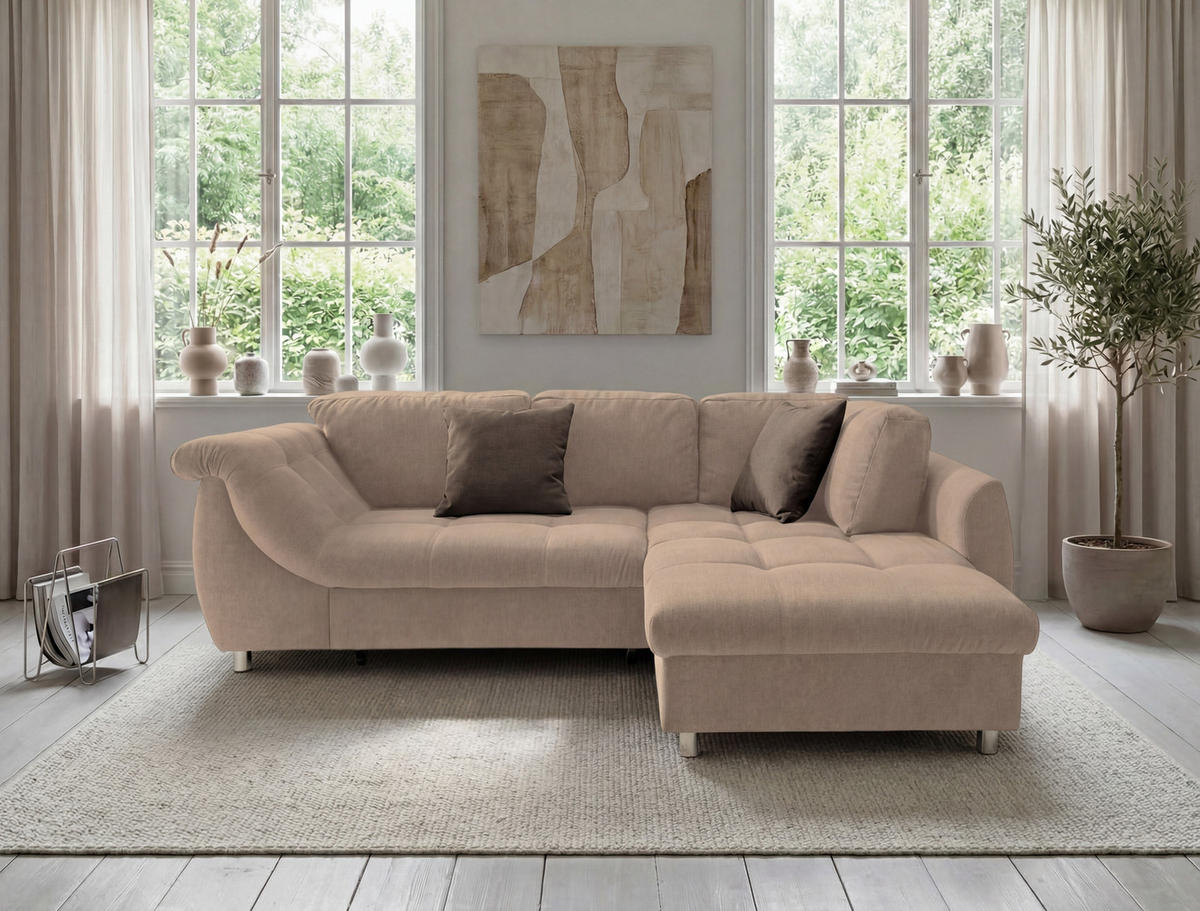ECKSOFA mit Schlaffunktion, Wellenunterfederung, Ottomane rechts B250/T190/H84 cm, Liegefl. 179x190 cm, Mikrofaser Hellbraun / 17011 - Hellbraun/Chromfarben, Textil/Metall (250/190cm) - luma-home