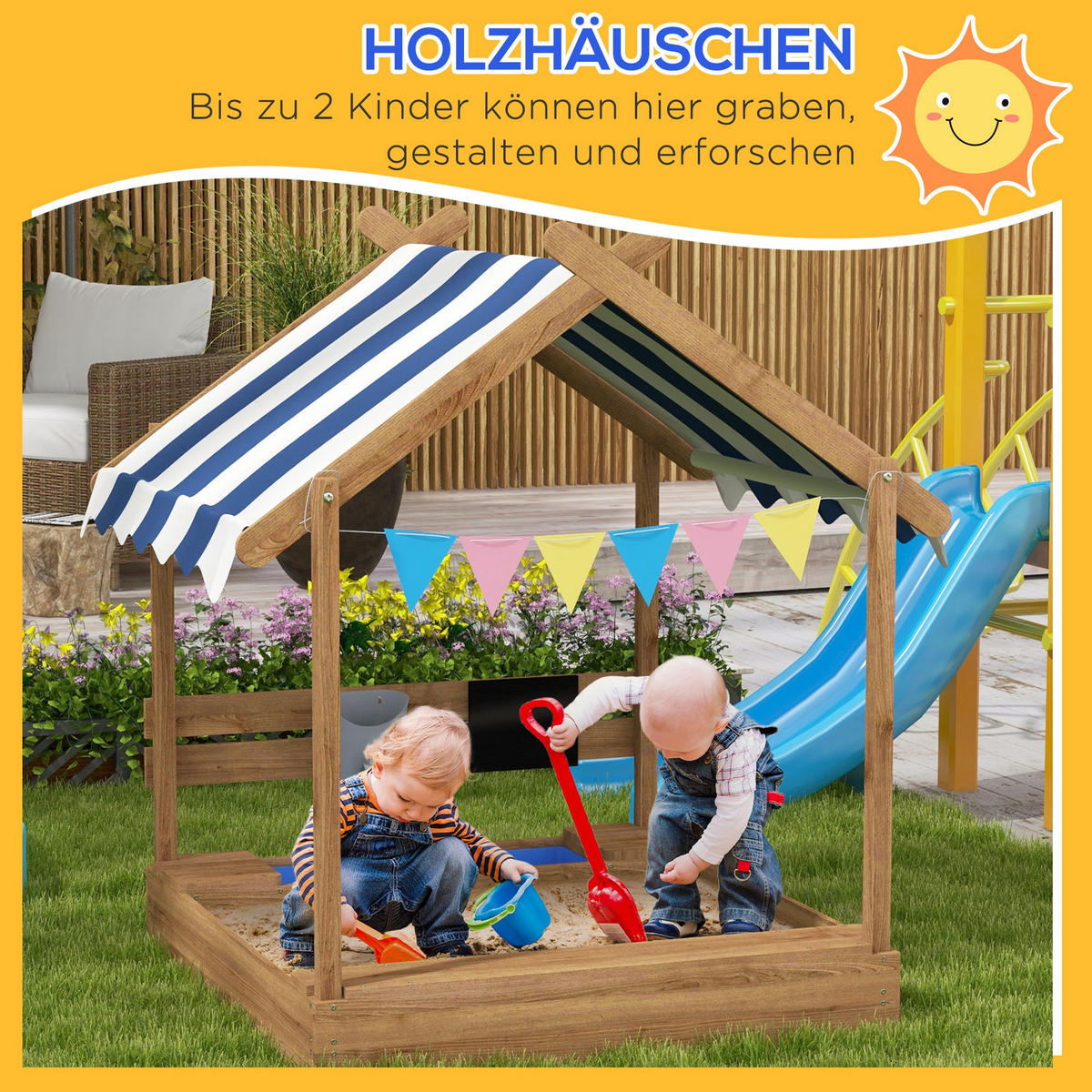 SANDKASTEN mit Dach, Sandkiste aus Holz mit Sitzplatz, Spielhaus, Garten, Braun - Braun, Holz (124/116/146cm) - Outsunny
