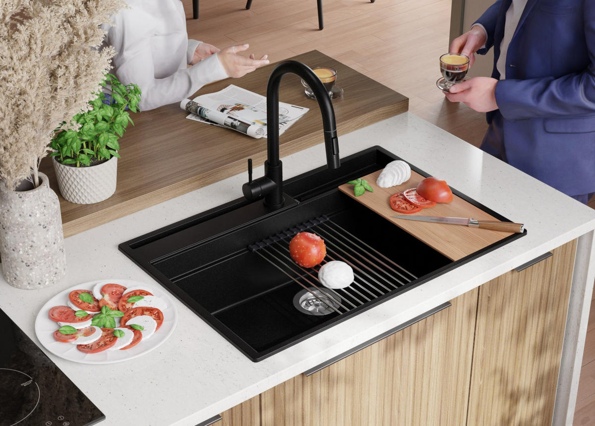 GRANITSPÜLE Oslo Pocket, 2-er set Schwarz 78/53 cm 1 Becken + Küchenarmatur 40/20 cm + Ablauf-Set + Küchenzubehörset ab 80er Unterschrank - Chromfarben/Beige, Kunststoff (78/20/53cm) - Primagran