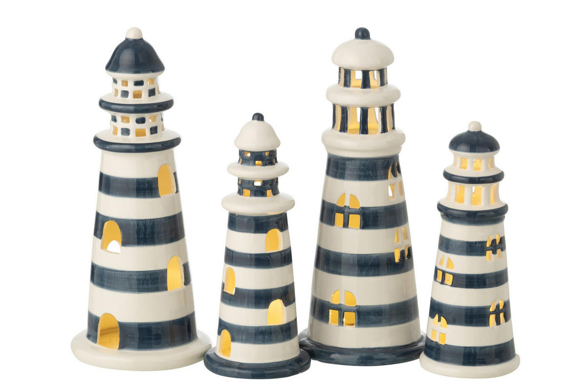 DEKOOBJEKT LEUCHTTURM GESTREIFT (2ER SET) - Blau, Keramik (11.5/26.5/11.5cm) - J-Line