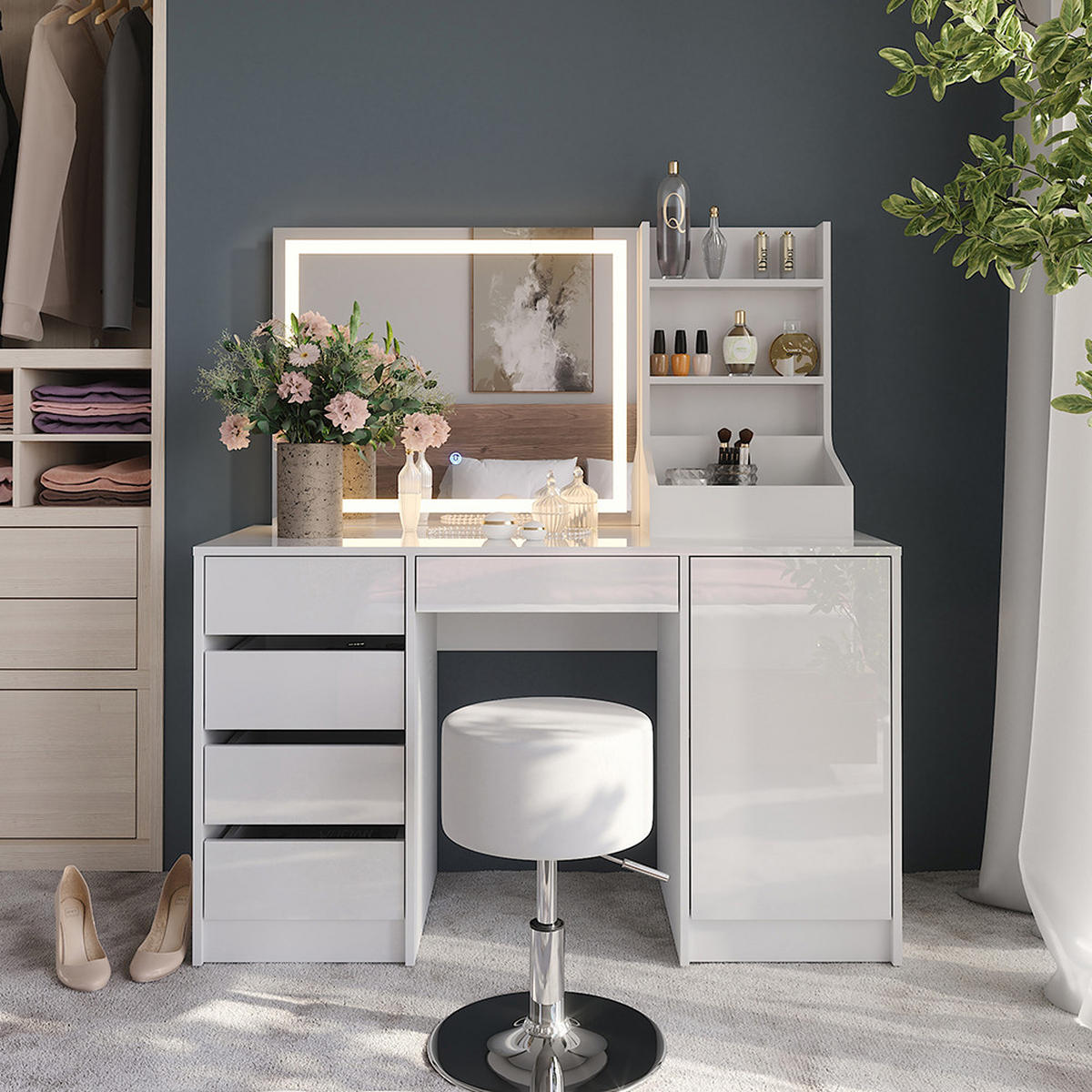 SCHMINKTISCH Sherry Weiß/Weiß Hochglanz 128.2 cm 4 Teile - Weiß Hochglanz, Holzwerkstoff (128.2/76/50.1cm) - Vicco