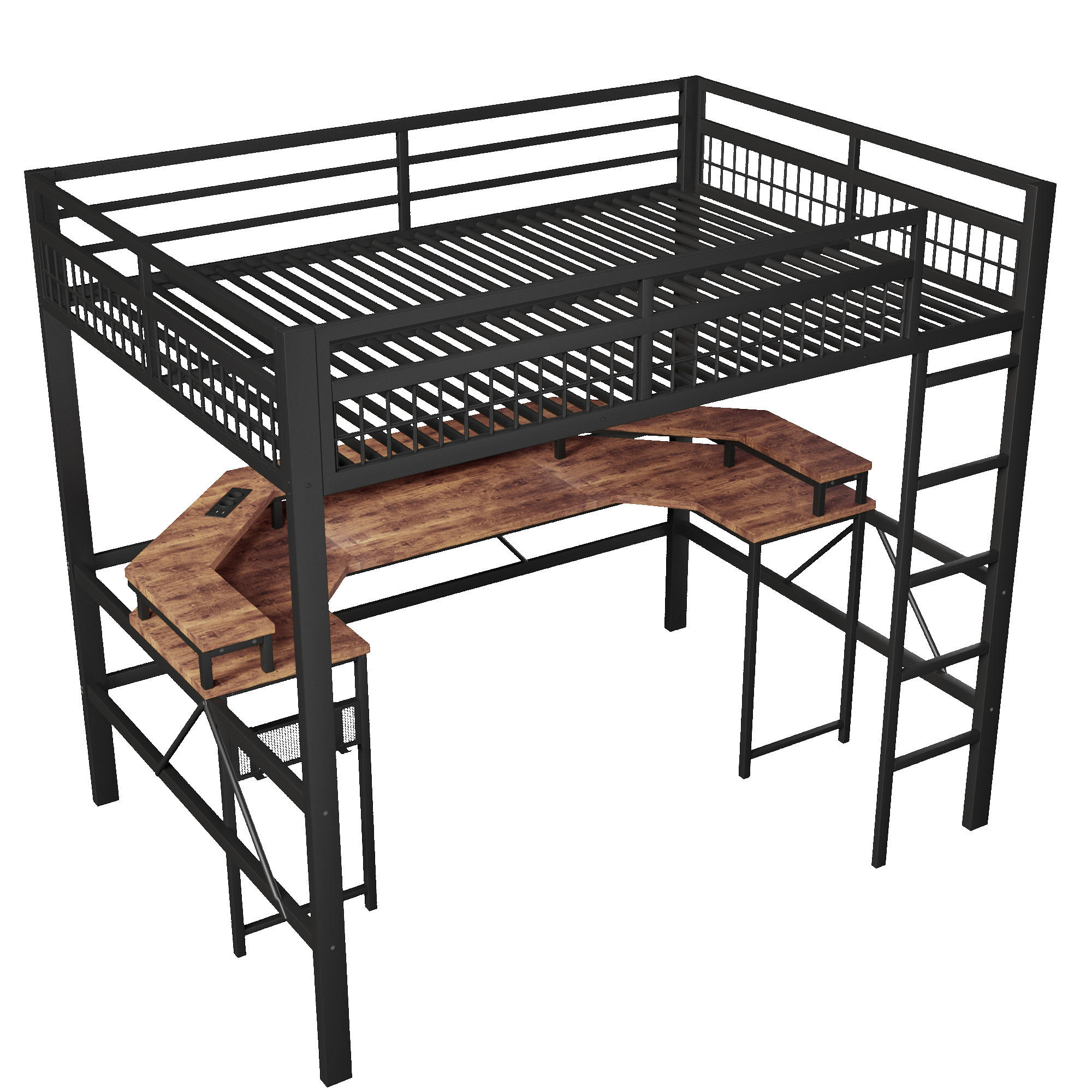 HOCHBETT 140/200 cm DE-04494, mit LED und Schreibtisch in Schwarz - Schwarz, Metall (140/200cm) - ComfortXL