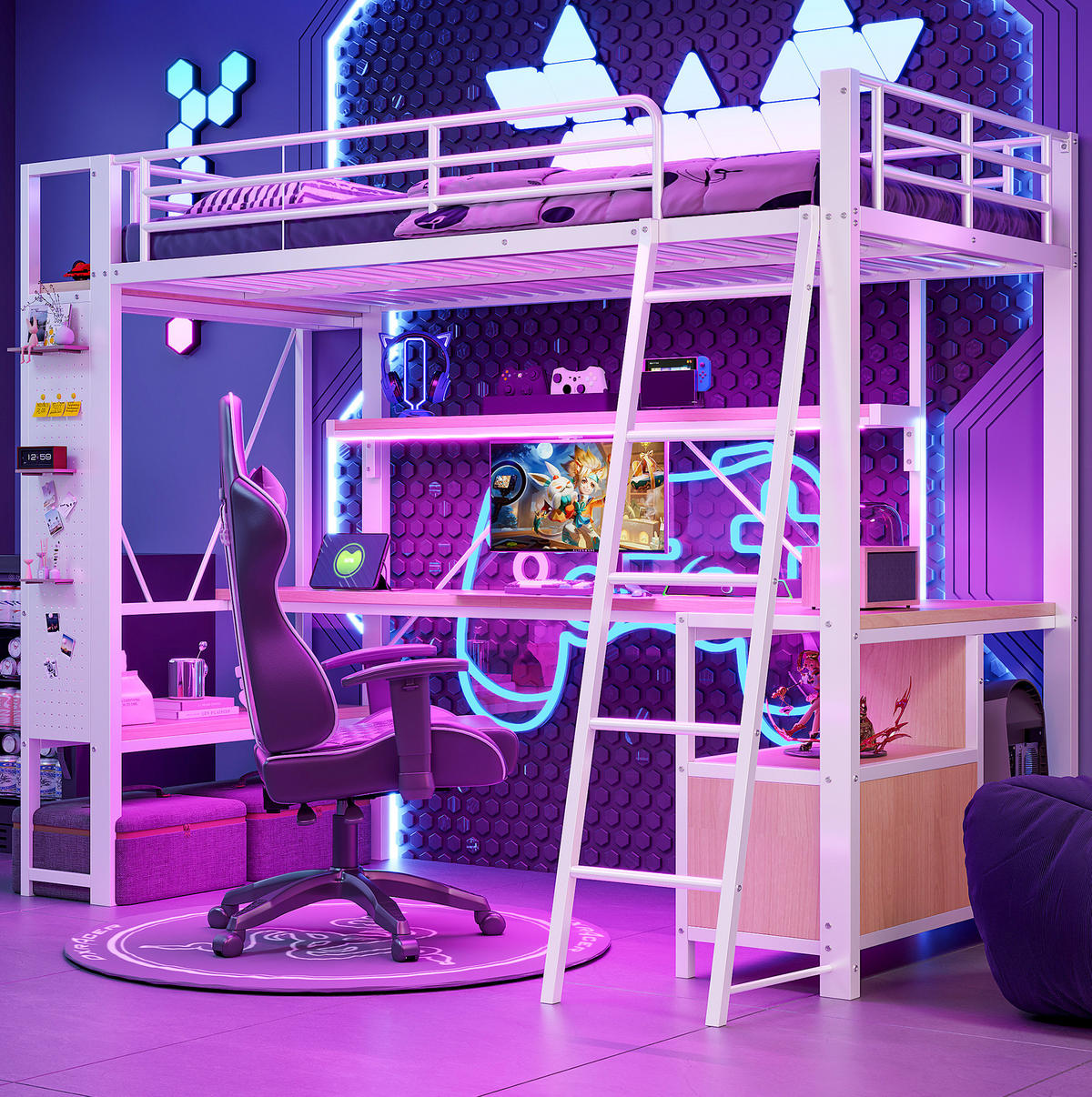 HOCHBETT 90/200 cm aus Metall/MDF mit Schreibtisch, LED-Lichtleiste und Stauraum Weiß - Weiß, Metall (90/200cm) - Modenvie