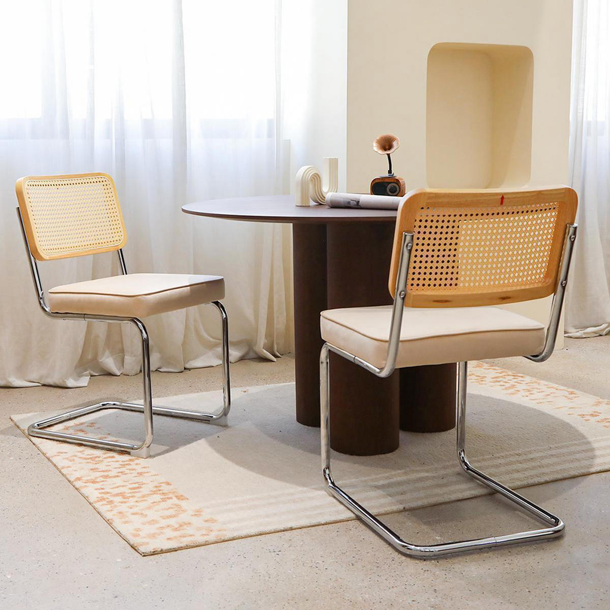 ESSZIMMERSTUHL 2er-Set, Samt-Rattan mit Chrombeinen, Beige - Beige, Textil/Metall (46.4/84.6/53cm) - KOMHTOM