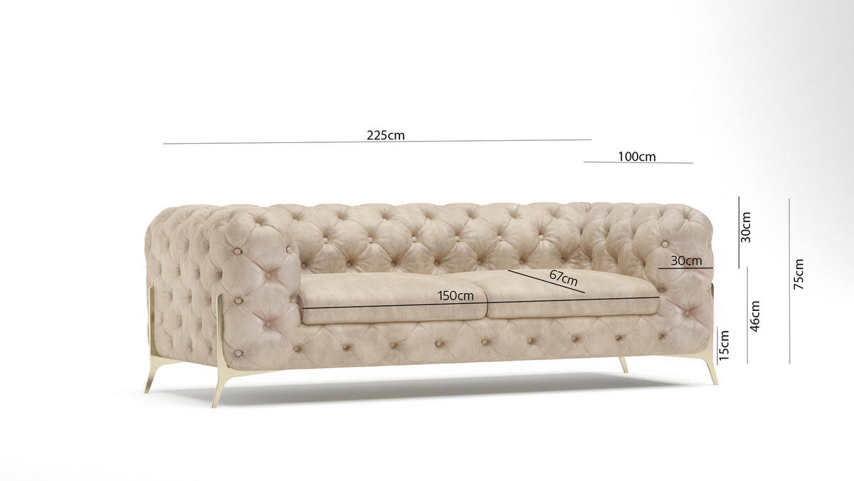 CHESTERFIELD-SOFA 3-Sitzer Vertex Beige Samt - Beige/Goldfarben, Holz/Textil (225/75/100cm) - S-Style Möbel