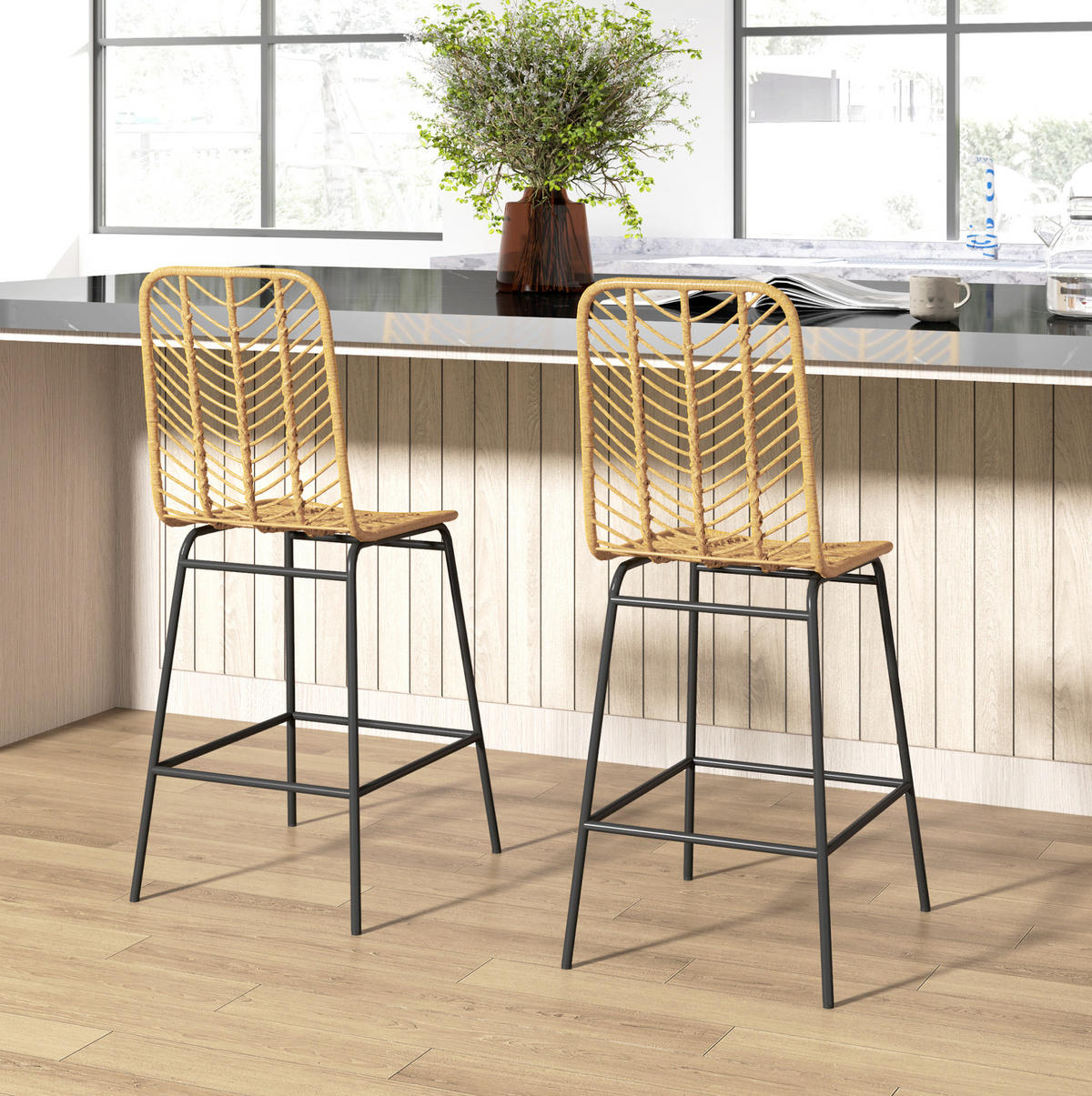 BARHOCKER 2er-Set mit Rückenlehne 42,5 x 52 x 102 cm Rattanoptik Gelb - Gelb, Metall (52/102/42.5cm) - Meubliv