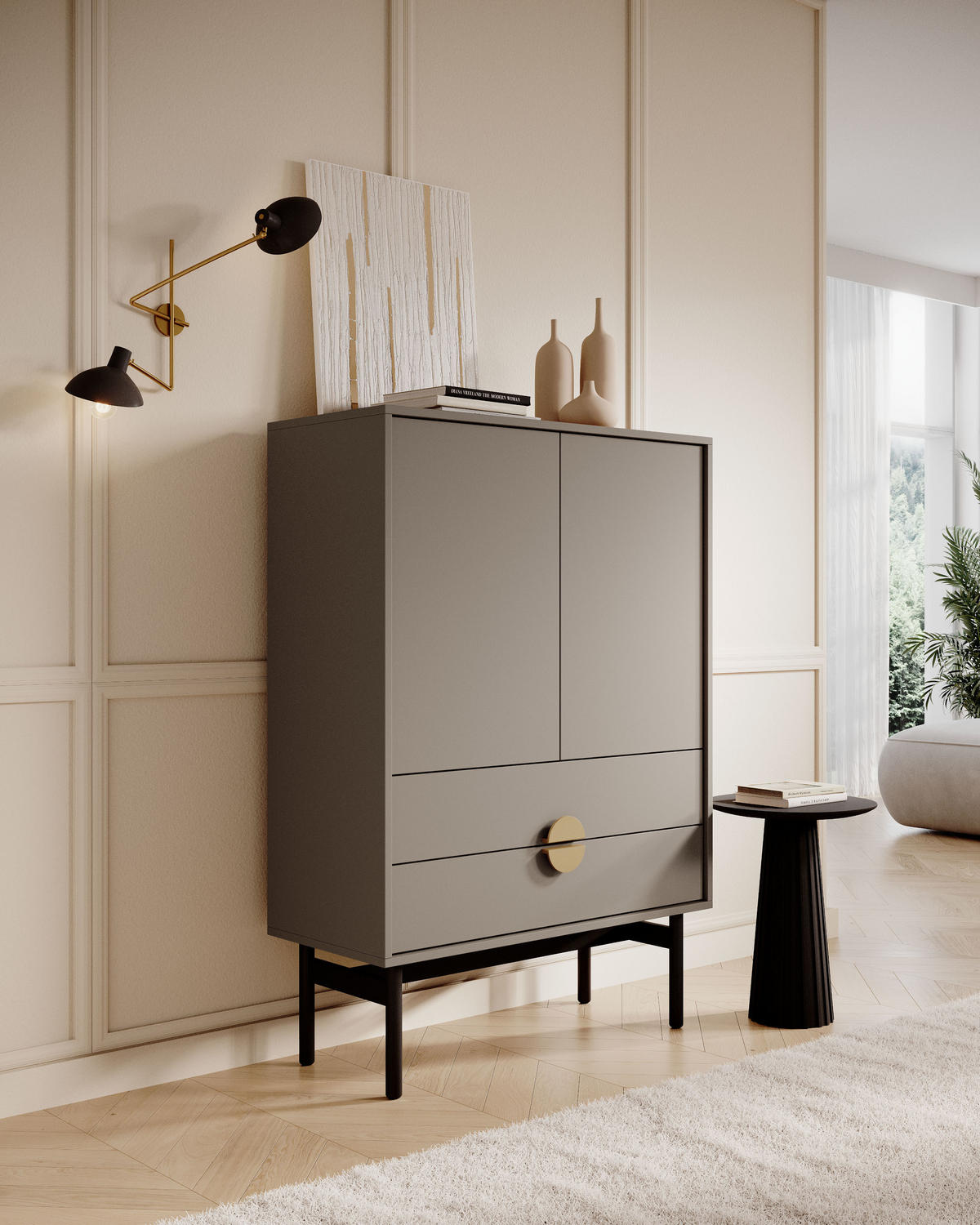 HIGHBOARD Stoon Steingrau 85 cm - Beige/Goldfarben, Holzwerkstoff/Metall (85/124/38cm) - Selsey