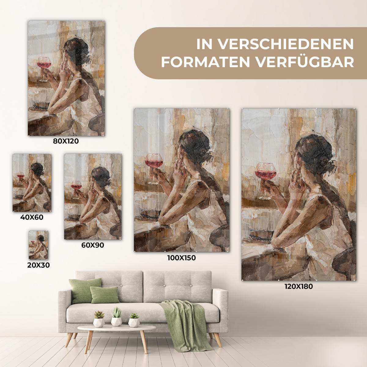 ACRYLGLASBILD Ölgemälde - Frau - Wein 40x60 cm - Hellbraun, Glas (40/60cm) - MuchoWow