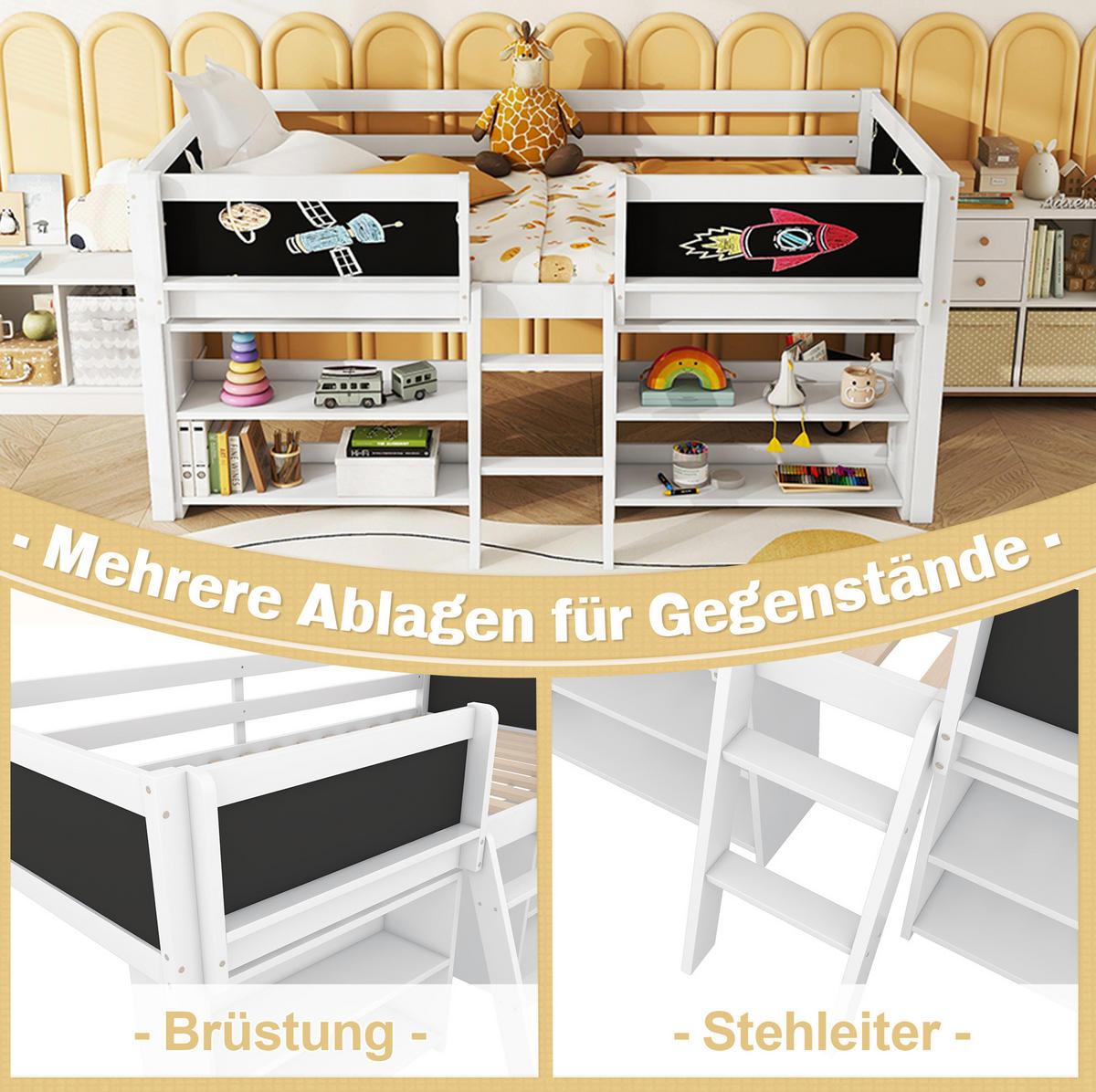 HOCHBETT Kinderbett 90/200 cm aus Kiefernholz und MDF mit Regalfächern und Zeichentafel Weiß - Weiß, Holz (90/200cm) - Modenvie