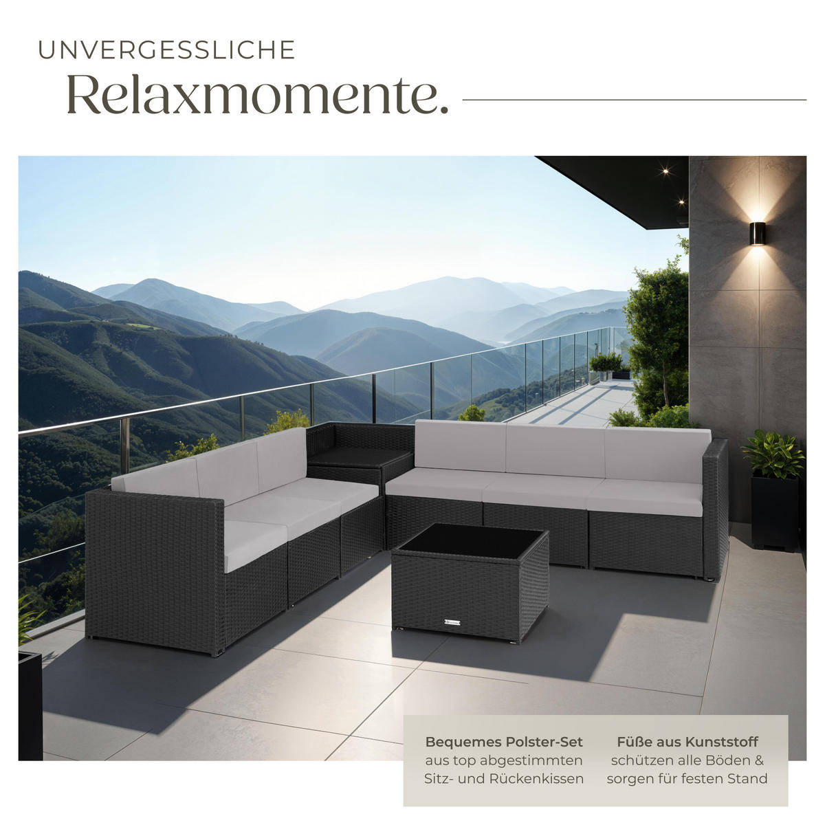 RATTANLOUNGE Verona,mit Sicherheitsglasplatte,schwarz - Schwarz, Kunststoff - tectake