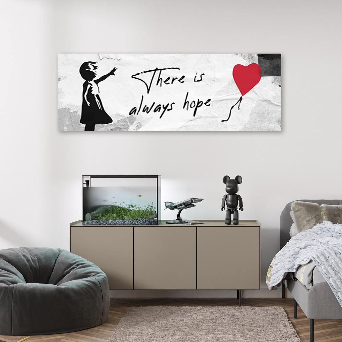 WANDBILD banksy girl mit luftballon - Grau, Textil (90/30cm) - Feeby
