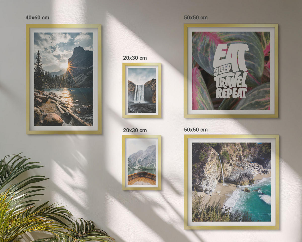 WANDBILDER 5er Set - 50x50 cm & 20x30 cm & 40x60 cm Goldrahmen - Wasserfall Bergreise Natur - Goldfarben, Kunststoff (40/60cm) - ArtPrintCave