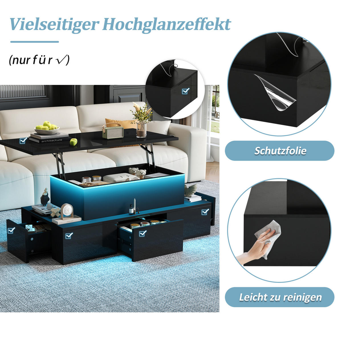 KONFERENČNÍ stolek 100/50/40 cm černý z MDF s LED, výklopnou deskou a úložným prostorem - barva dubu, kompozitní dřevo (100/50/40cm) - OKWISH