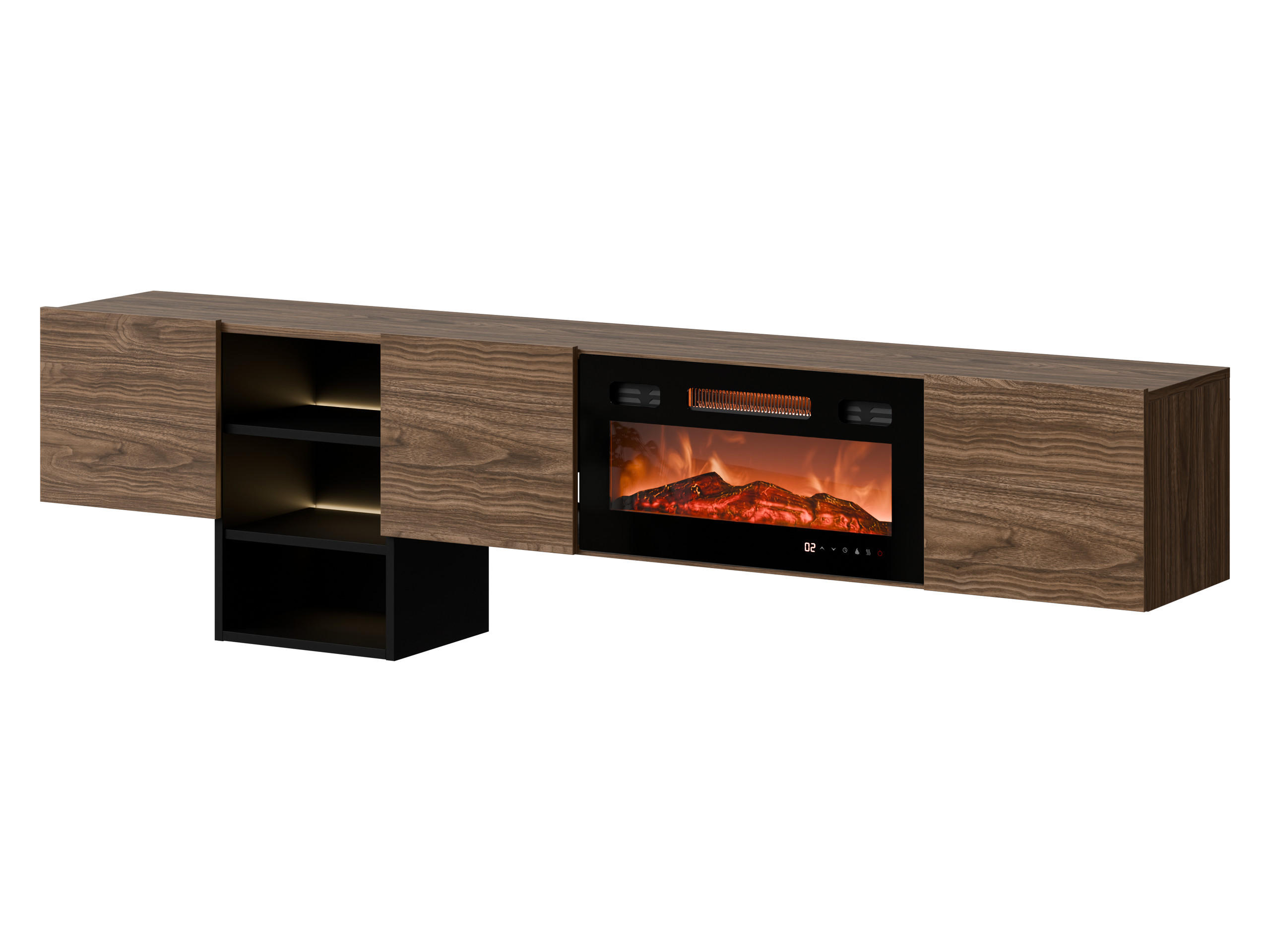 TV-LOWBOARD Teo mit Kamin - Nussbaumfarben/Schwarz, Holzwerkstoff (200/53/32cm) - MIRJAN24