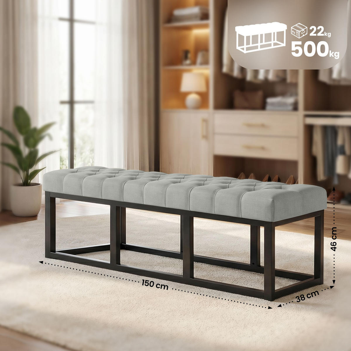 SITZBANK 150/38 cm Stoff Grau - Schwarz/Grau, Textil/Metall (150/46/38cm) - CLP