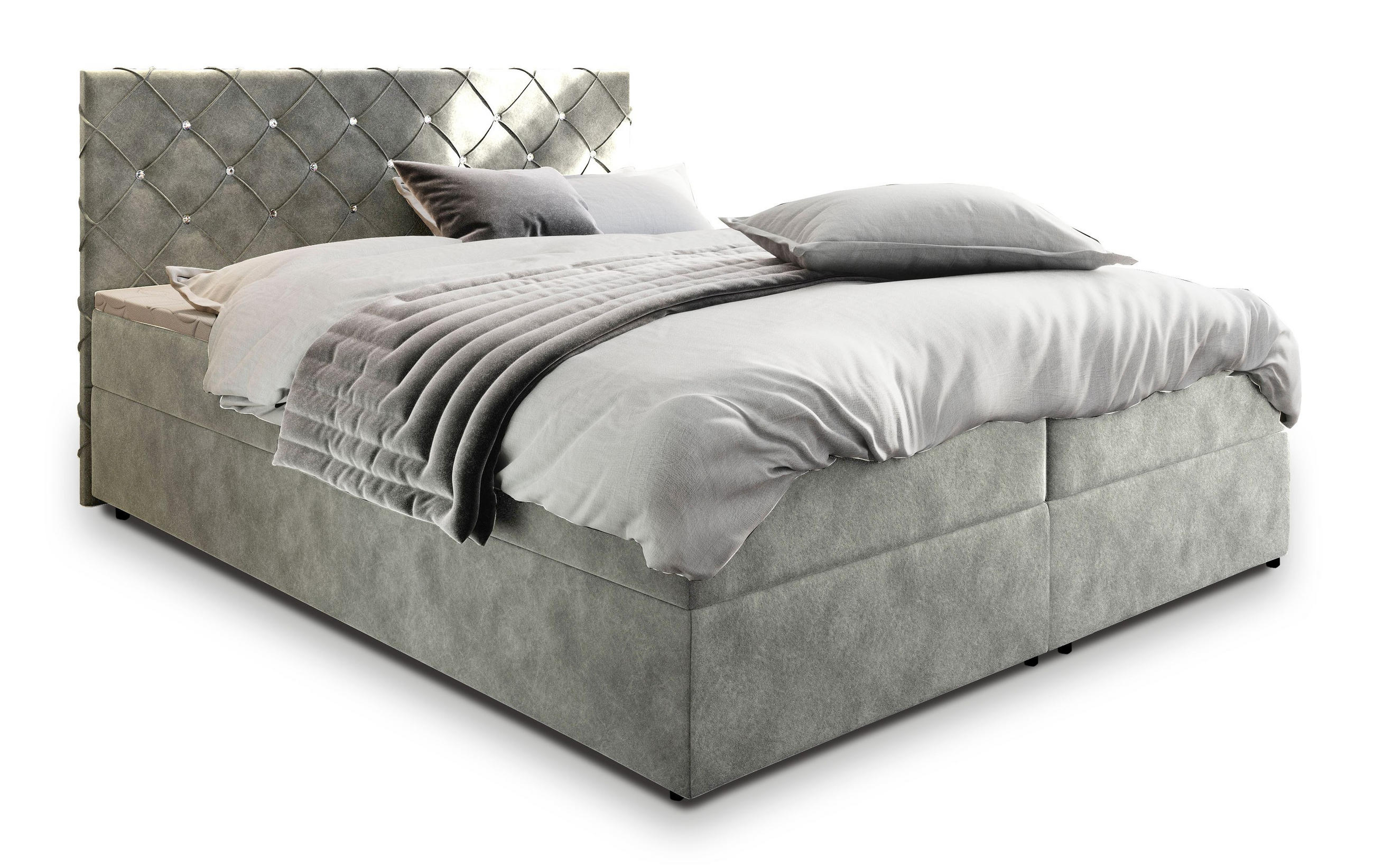 BOXBETT RIVA 140x200 cm mit Matratze und Topper, H2+H3 - Hellgrau - Hellgrau, Holz (140/200cm) - MASSENO