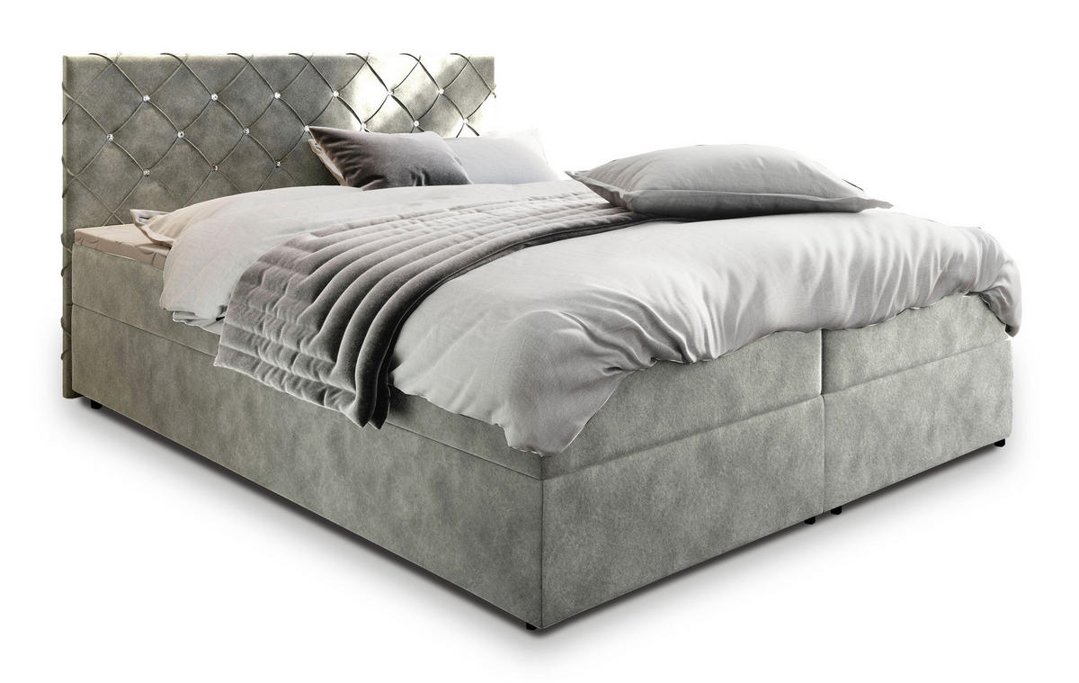 BOXBETT RIVA 160x200 cm mit Matratze und Topper, H2+H3 - Hellgrau - Hellgrau, Holz (160/200cm) - MASSENO