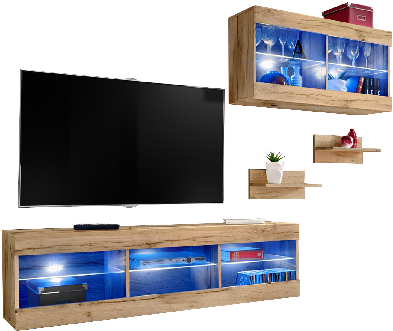 4-ER Set, Wohnwand TIVOLI SET3+BLU Offener Raum Wotan + Wotan - Eiche Wotan/Weiß, Glas/Holzwerkstoff (240/195/35cm) - Komodee