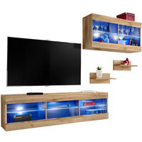 4-ER Set, Wohnwand TIVOLI SET3+BLU Offener Raum Wotan + Wotan - Eiche Wotan/Weiß, Glas/Holzwerkstoff (240/195/35cm) - Komodee