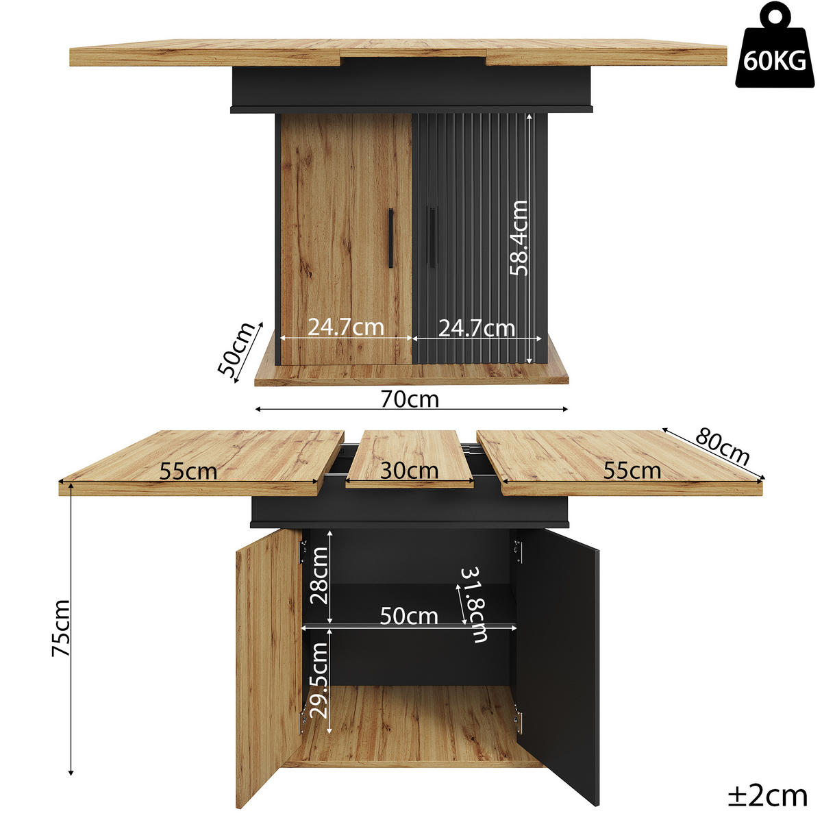 ESSTISCH 110-140/75/80 cm Schwarz/Natur aus MDF mit Auszugsfunktion - Schwarz, Holzwerkstoff (110/80/75cm) - OKMYHOME