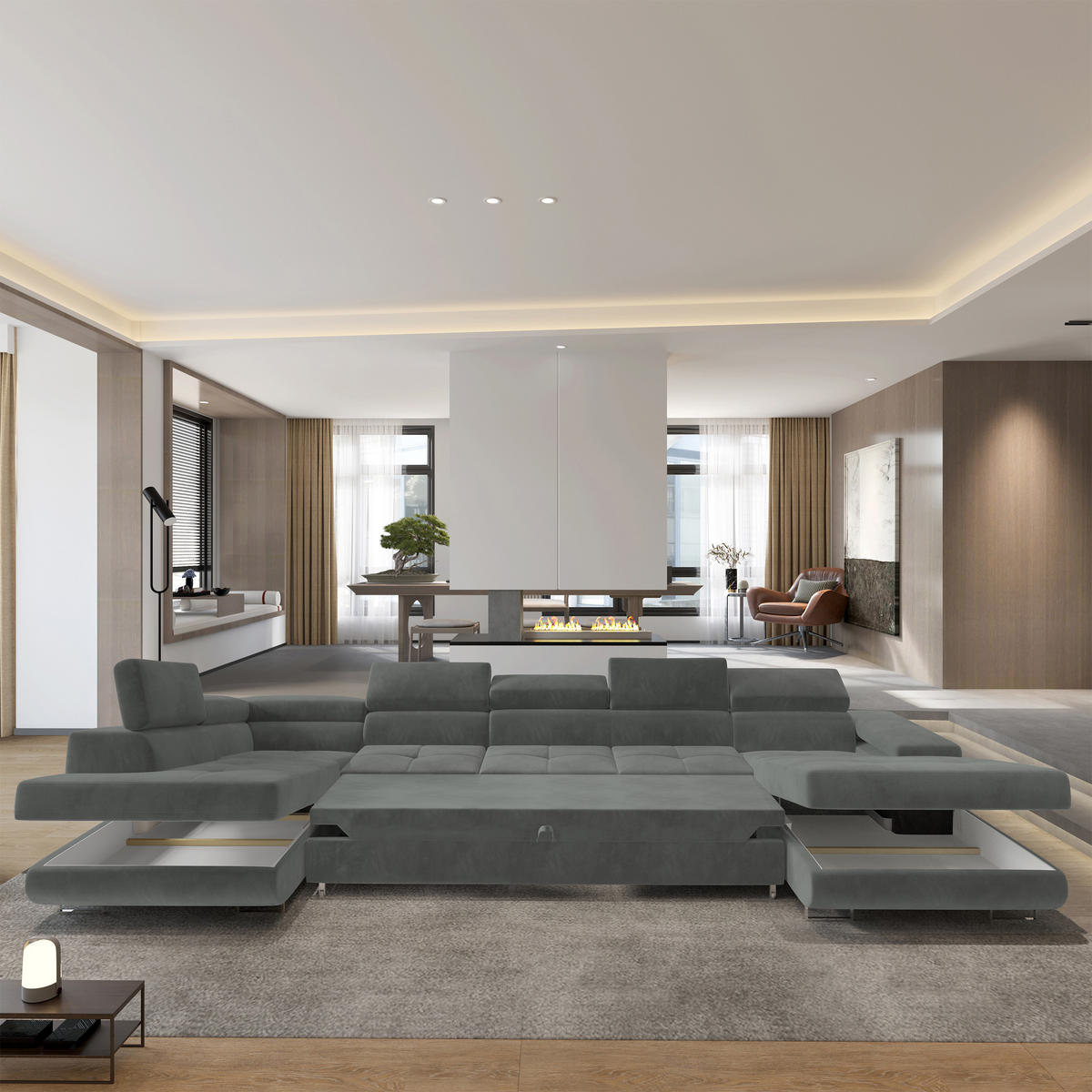 WOHNLANDSCHAFT TORIVA L-S Grau Velours-Stoff mit Schlaffunktion - Grau, Holz (418/90/202cm) - MASSENO