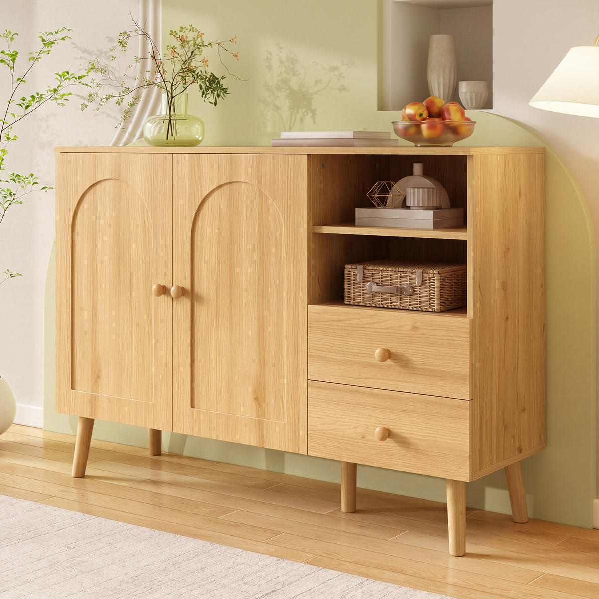 SIDEBOARD Gewölbte Türen Holzfüße 2 Schubladen 2 Fächer Modern - Naturfarben, Holzwerkstoff (118/82/35cm) - FLIEKS