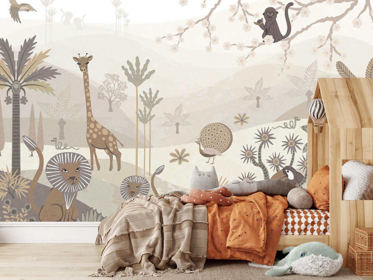 FOTOTAPETE für Kinderzimmer Safari Wilde Tiere Dschungel Boho Palmen Giraffe 500x350 - Beige/Creme, Papier (500/350cm) - Muralo